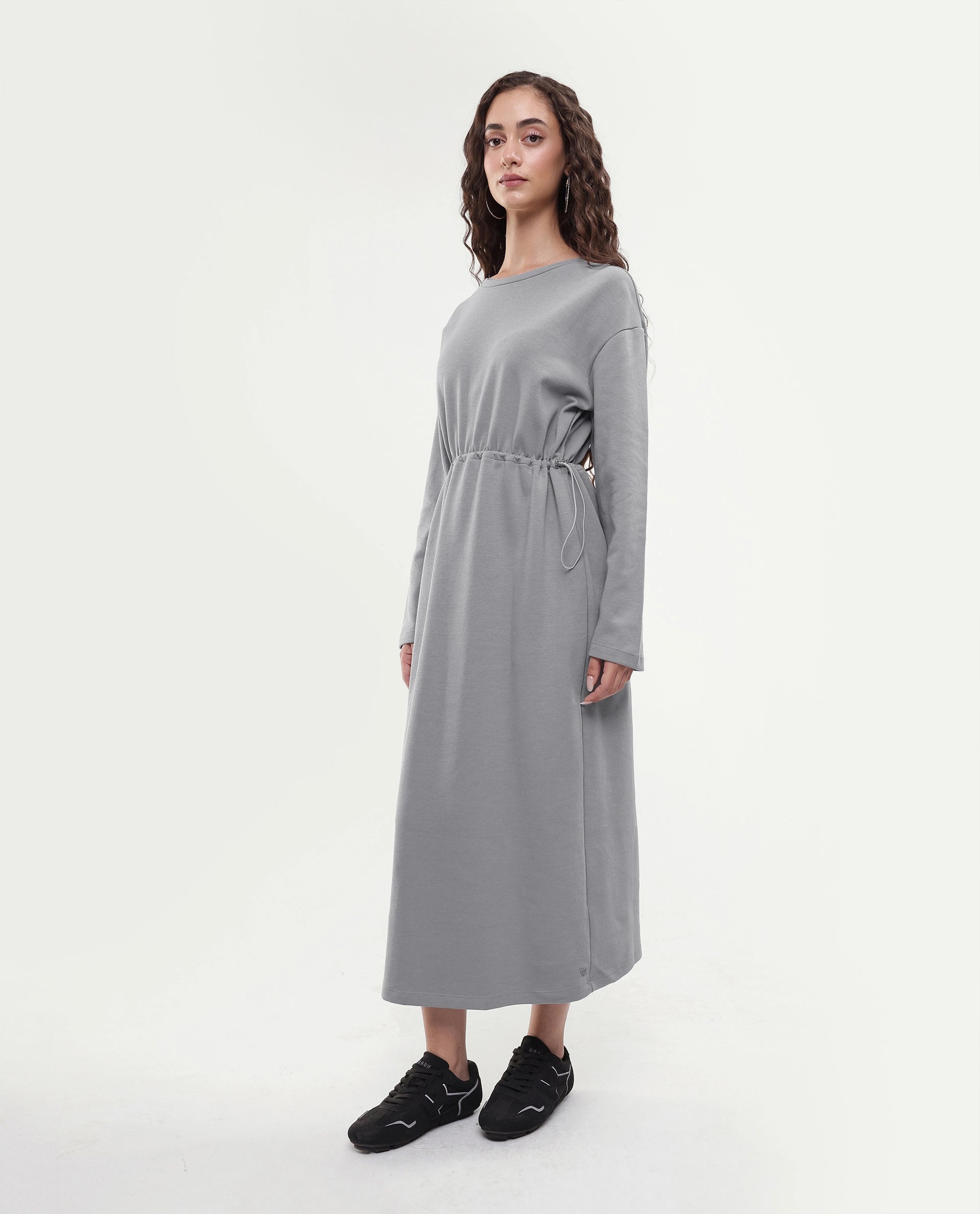 Rareism Women's Zarene Grey Cotton Blend Crew Neck Plain Maxi Regular Fit Dress