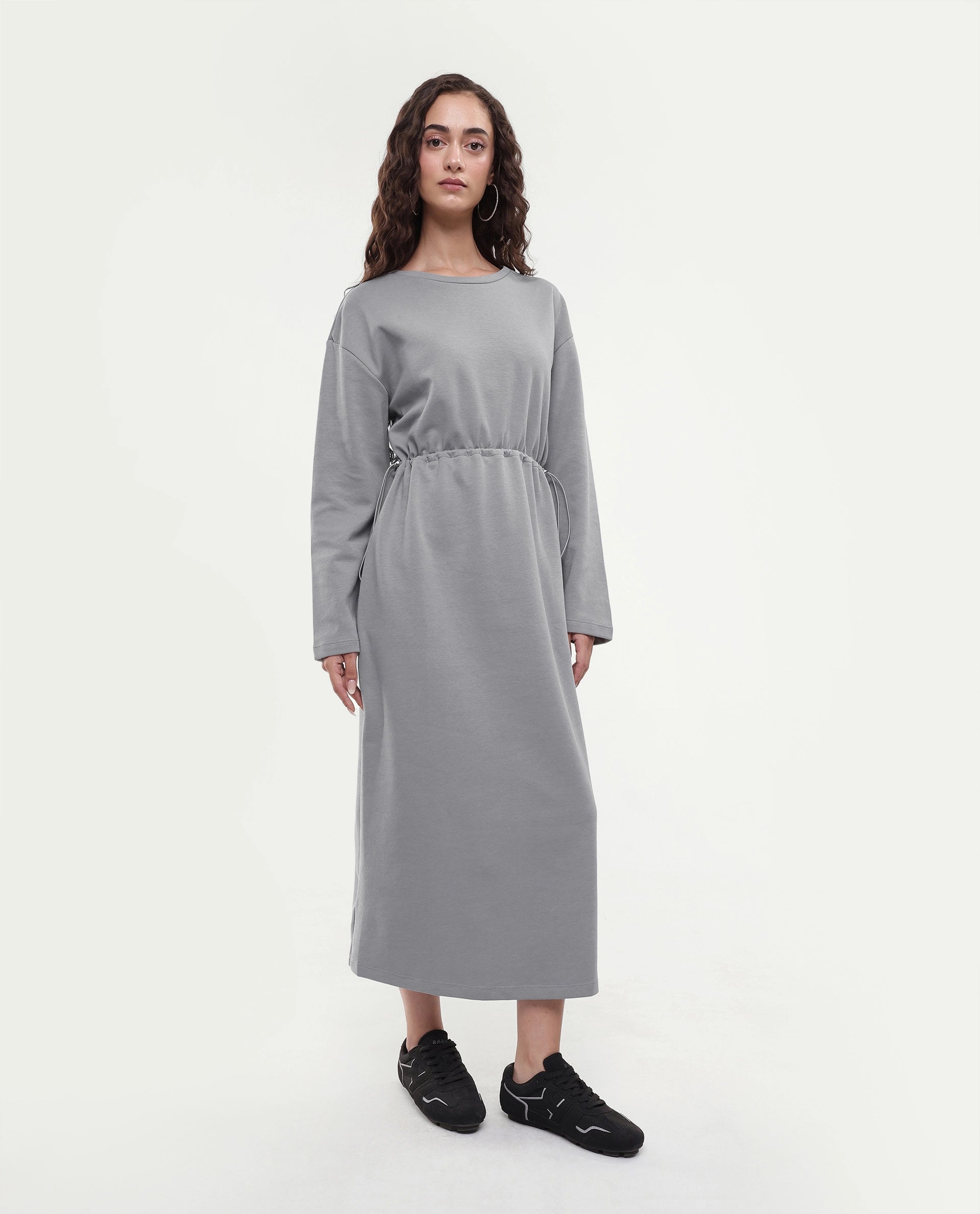 Rareism Women's Zarene Grey Cotton Blend Crew Neck Plain Maxi Regular Fit Dress