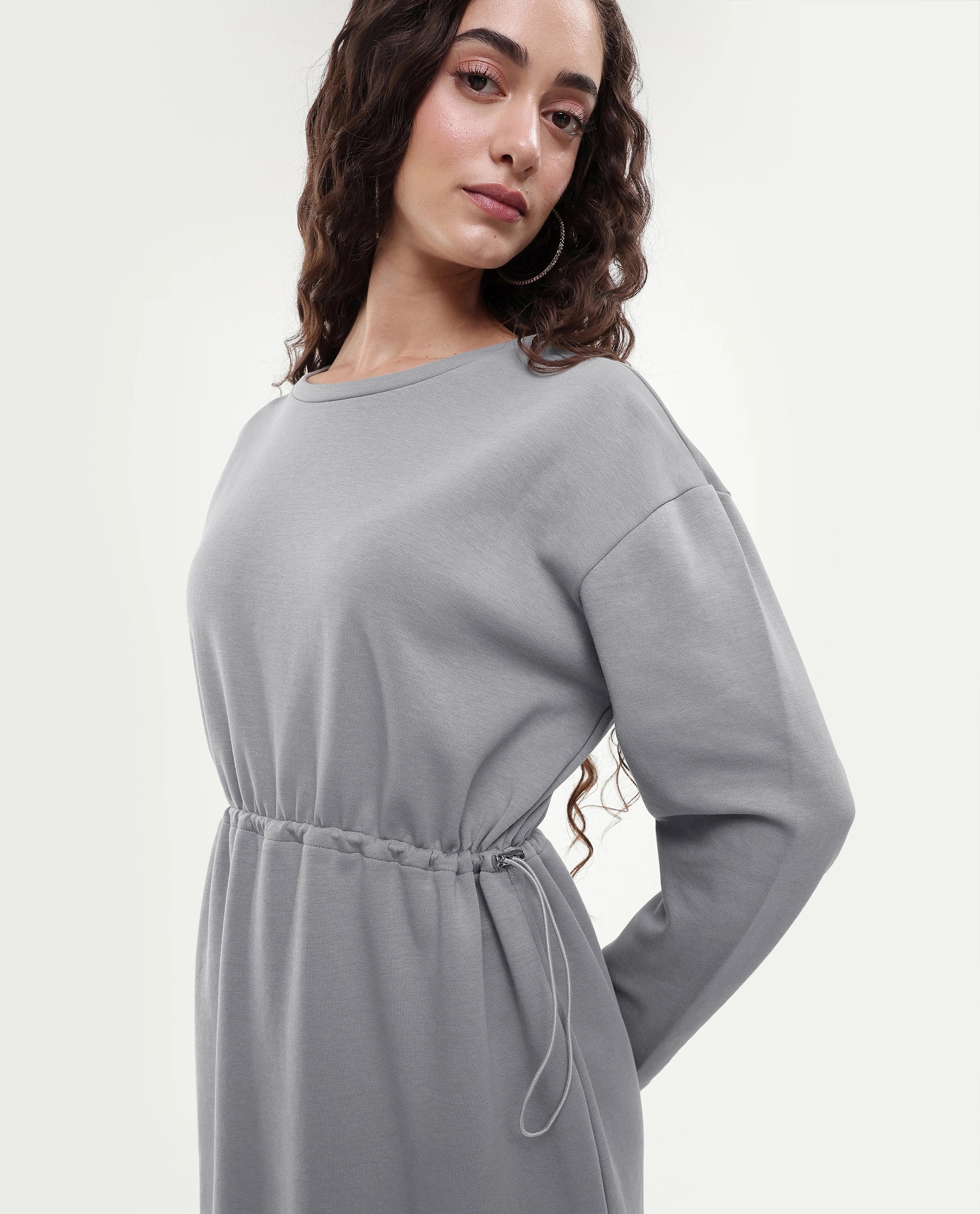 Rareism Women's Zarene Grey Cotton Blend Crew Neck Plain Maxi Regular Fit Dress