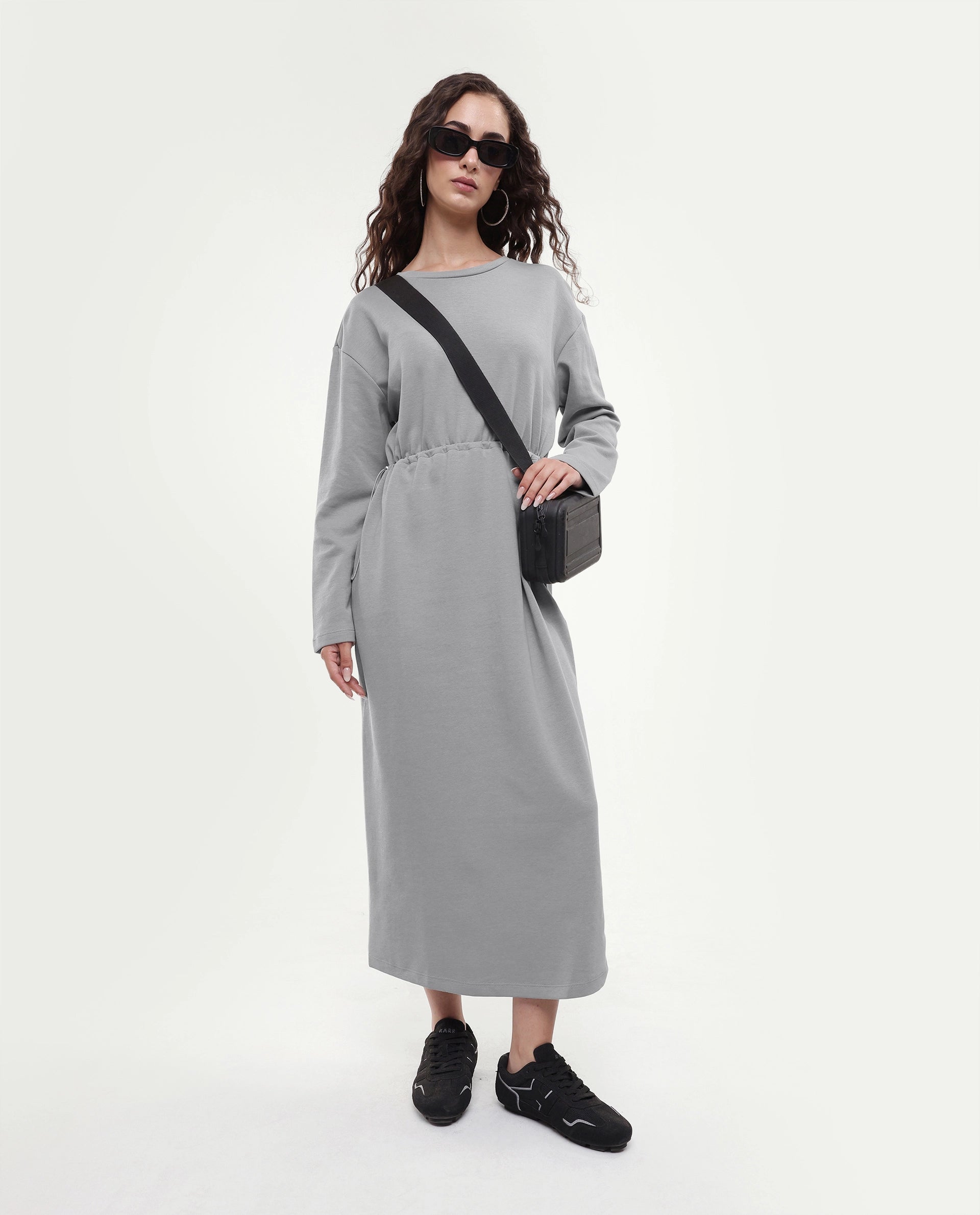 Rareism Women's Zarene Grey Cotton Blend Crew Neck Plain Maxi Regular Fit Dress