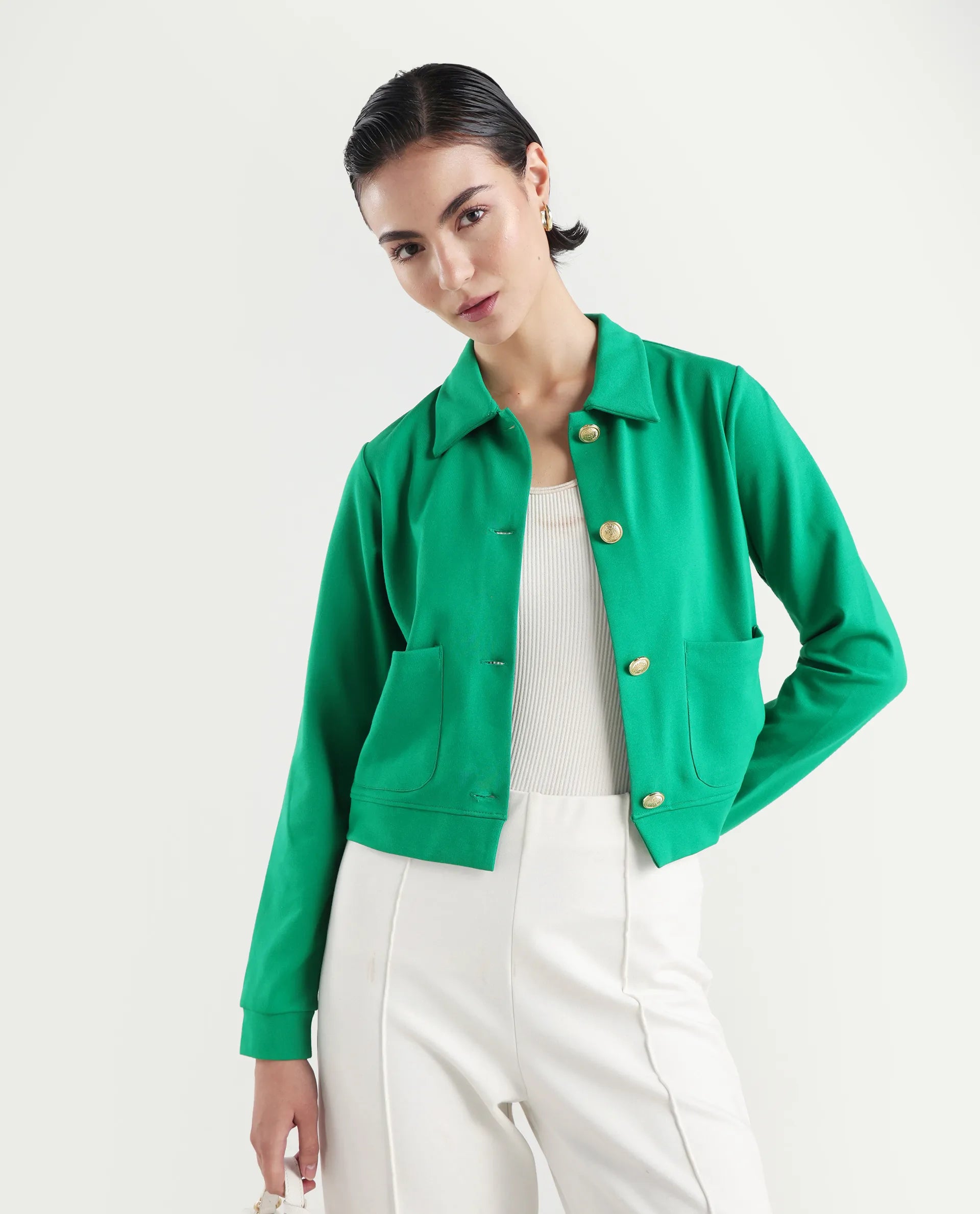 Rareism Women's Sakaryan Green Cotton Blend Spread Collar Plain Regular Fit Shirt