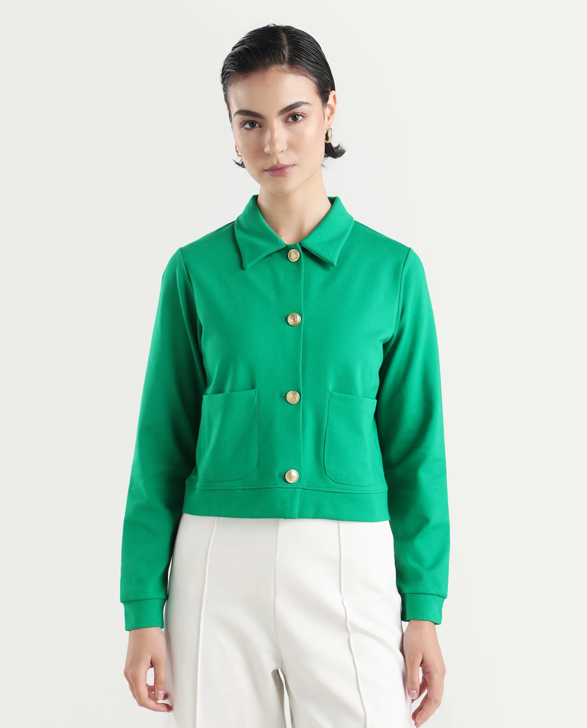 Rareism Women's Sakaryan Green Cotton Blend Spread Collar Plain Regular Fit Shirt