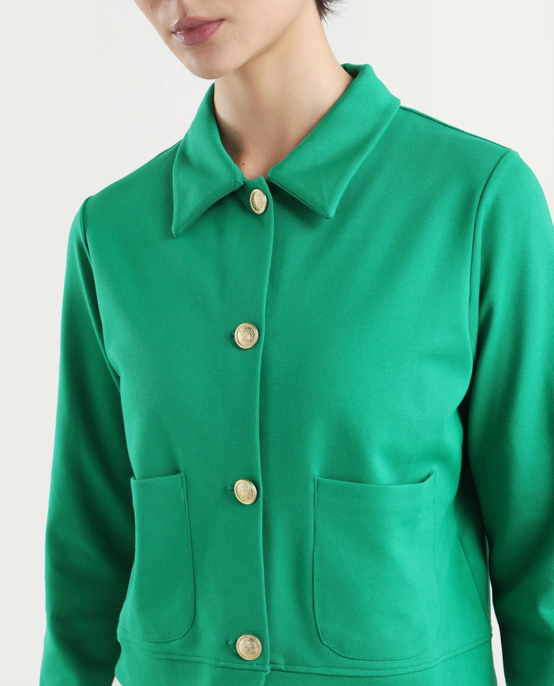 Rareism Women's Sakaryan Green Cotton Blend Spread Collar Plain Regular Fit Shirt