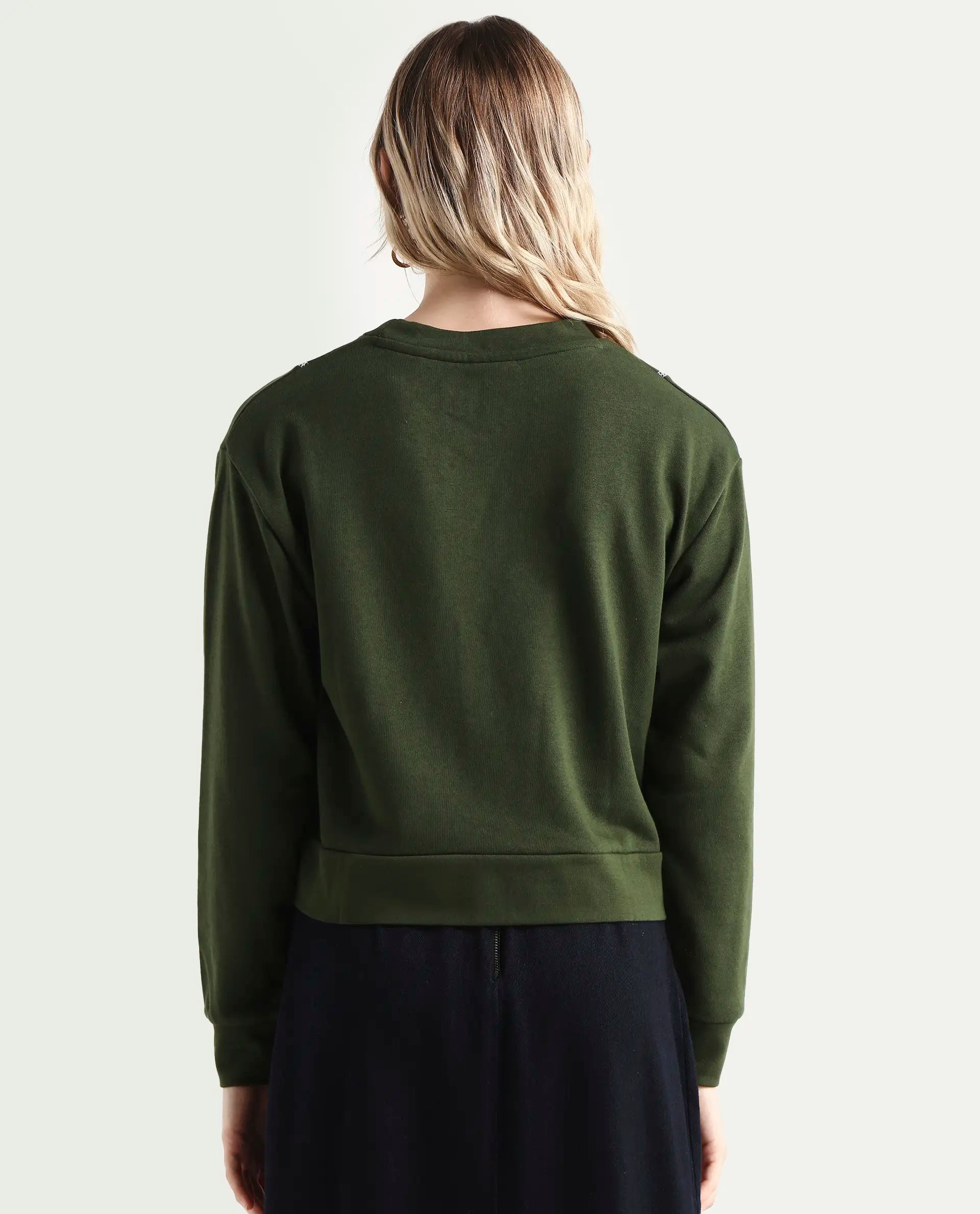 Rareism Women's Moye Olive Cotton Blend Crew Neck Plain Relaxed Fit Sweatshirt