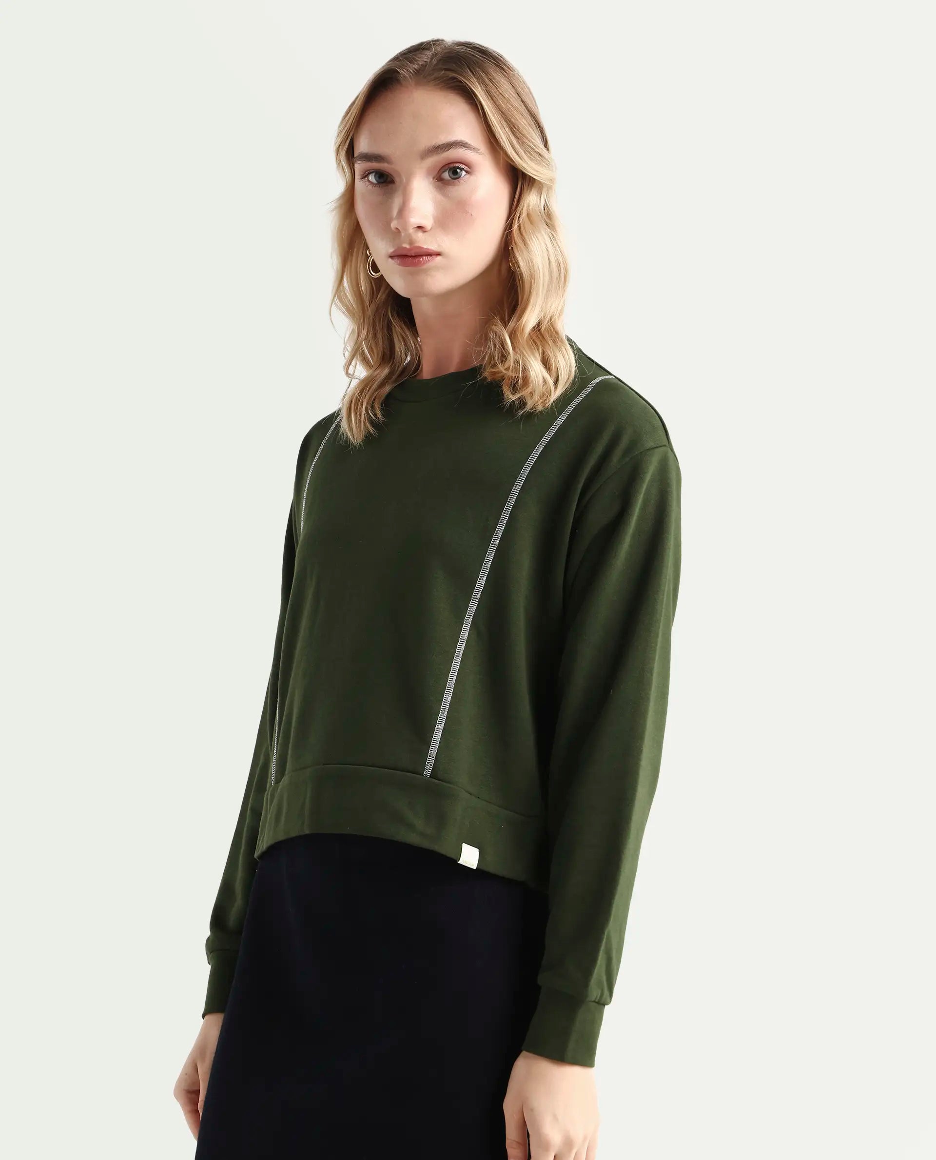 Rareism Women's Moye Olive Cotton Blend Crew Neck Plain Relaxed Fit Sweatshirt