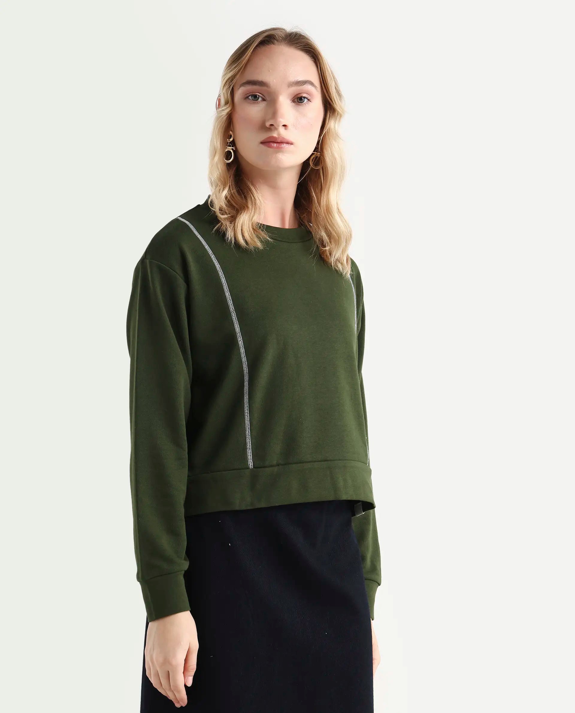Rareism Women's Moye Olive Cotton Blend Crew Neck Plain Relaxed Fit Sweatshirt