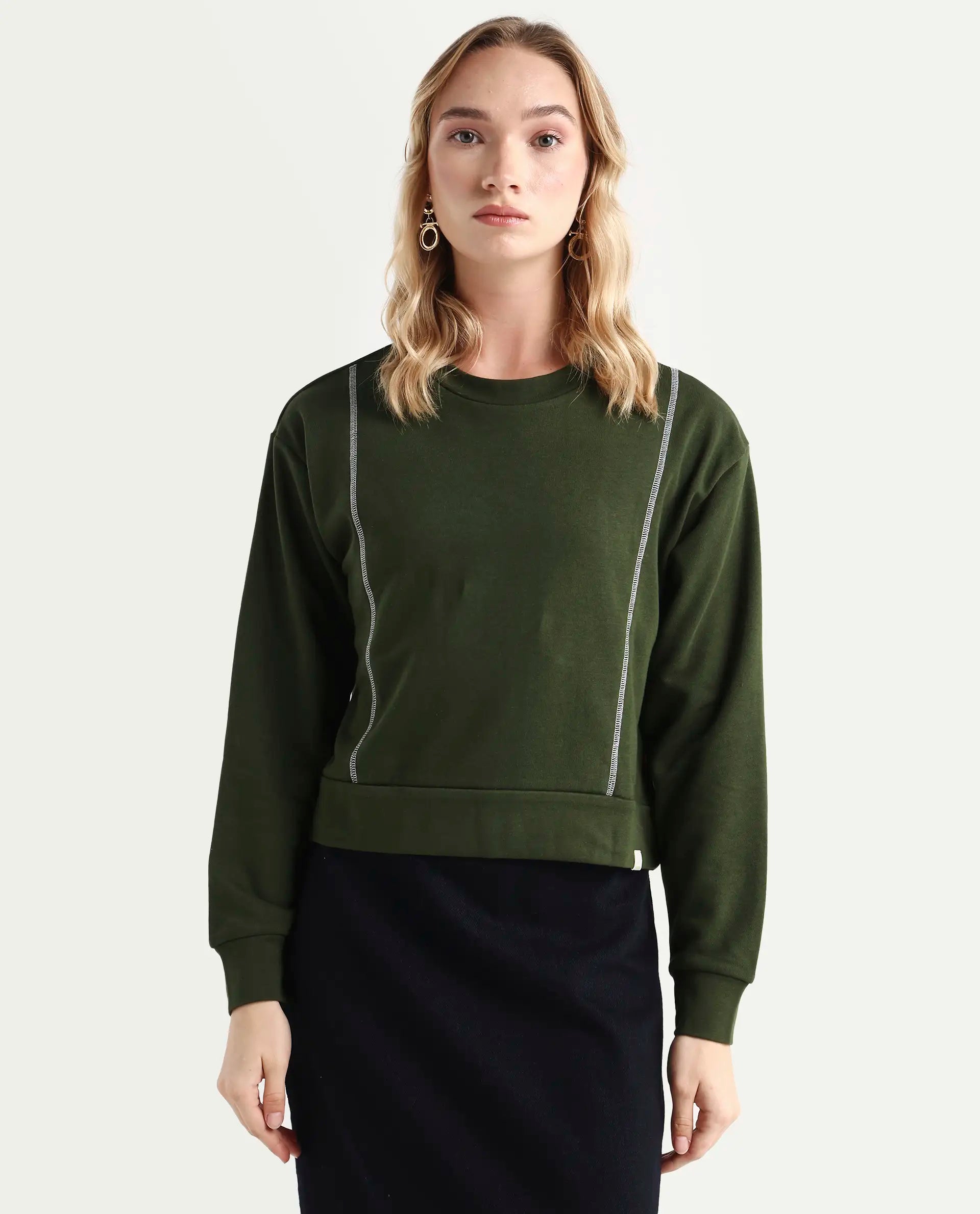 Rareism Women's Moye Olive Cotton Blend Crew Neck Plain Relaxed Fit Sweatshirt