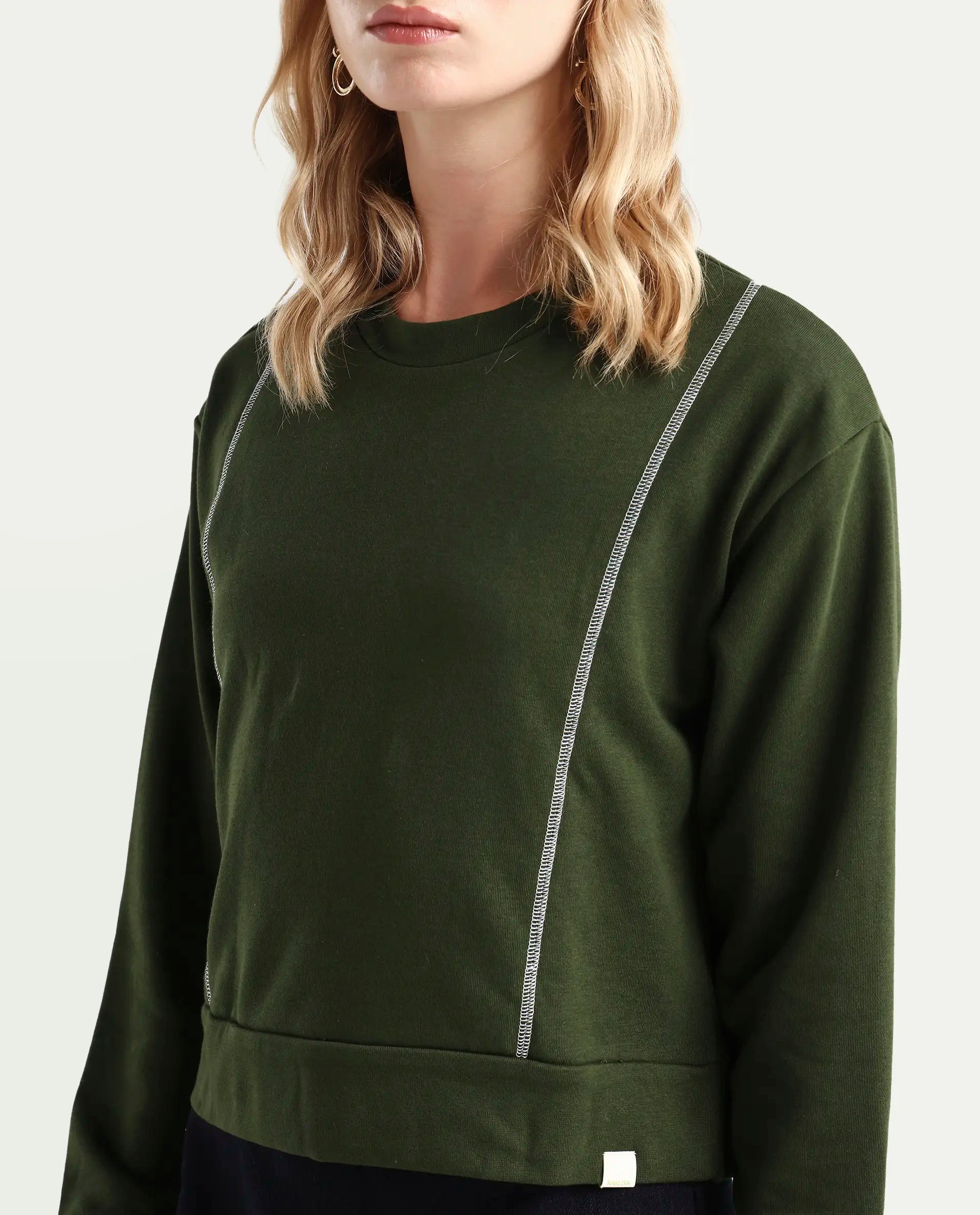 Rareism Women's Moye Olive Cotton Blend Crew Neck Plain Relaxed Fit Sweatshirt