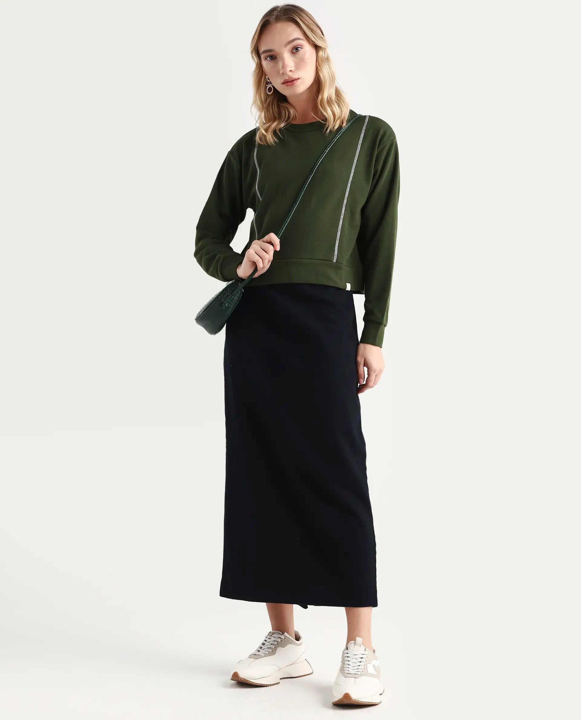 Rareism Women's Moye Olive Cotton Blend Crew Neck Plain Relaxed Fit Sweatshirt