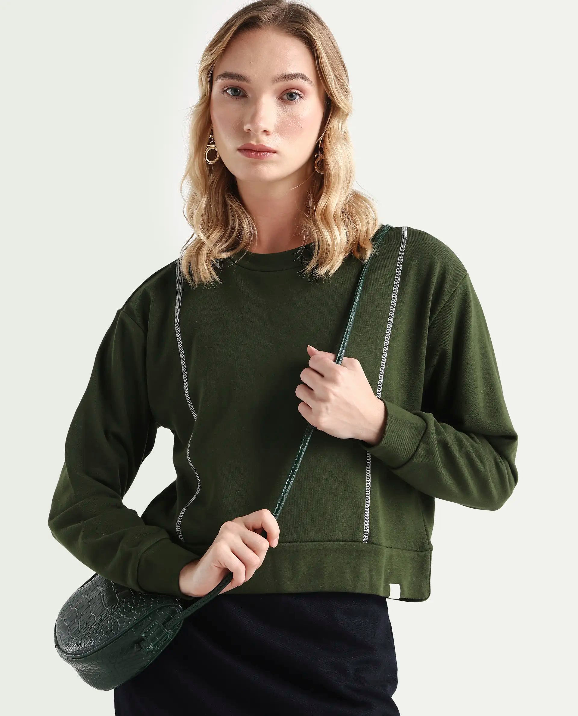 Rareism Women's Moye Olive Cotton Blend Crew Neck Plain Relaxed Fit Sweatshirt
