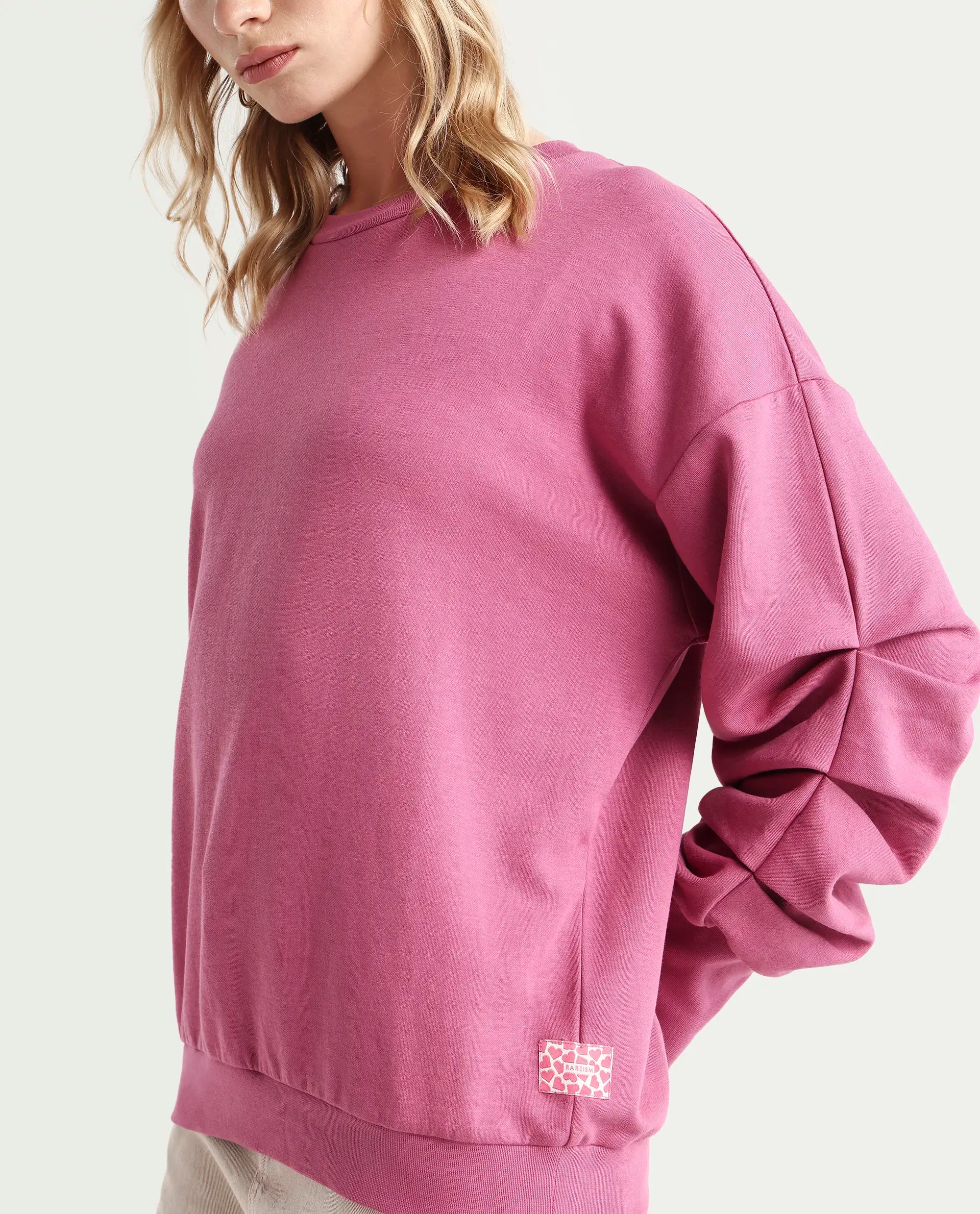 Rareism Women's Ruch Dark Pink Cotton Blend Crew Neck Plain Hip Length Relaxed Fit Sweatshirt