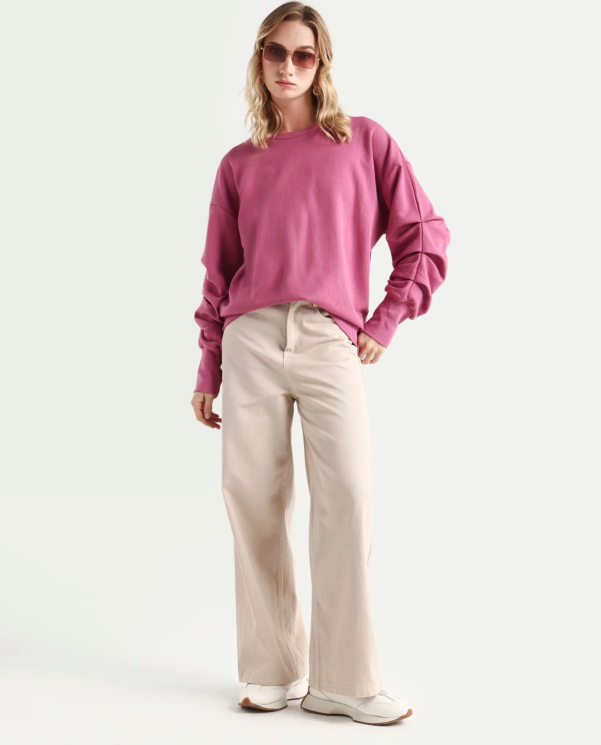 Rareism Women's Ruch Dark Pink Cotton Blend Crew Neck Plain Hip Length Relaxed Fit Sweatshirt