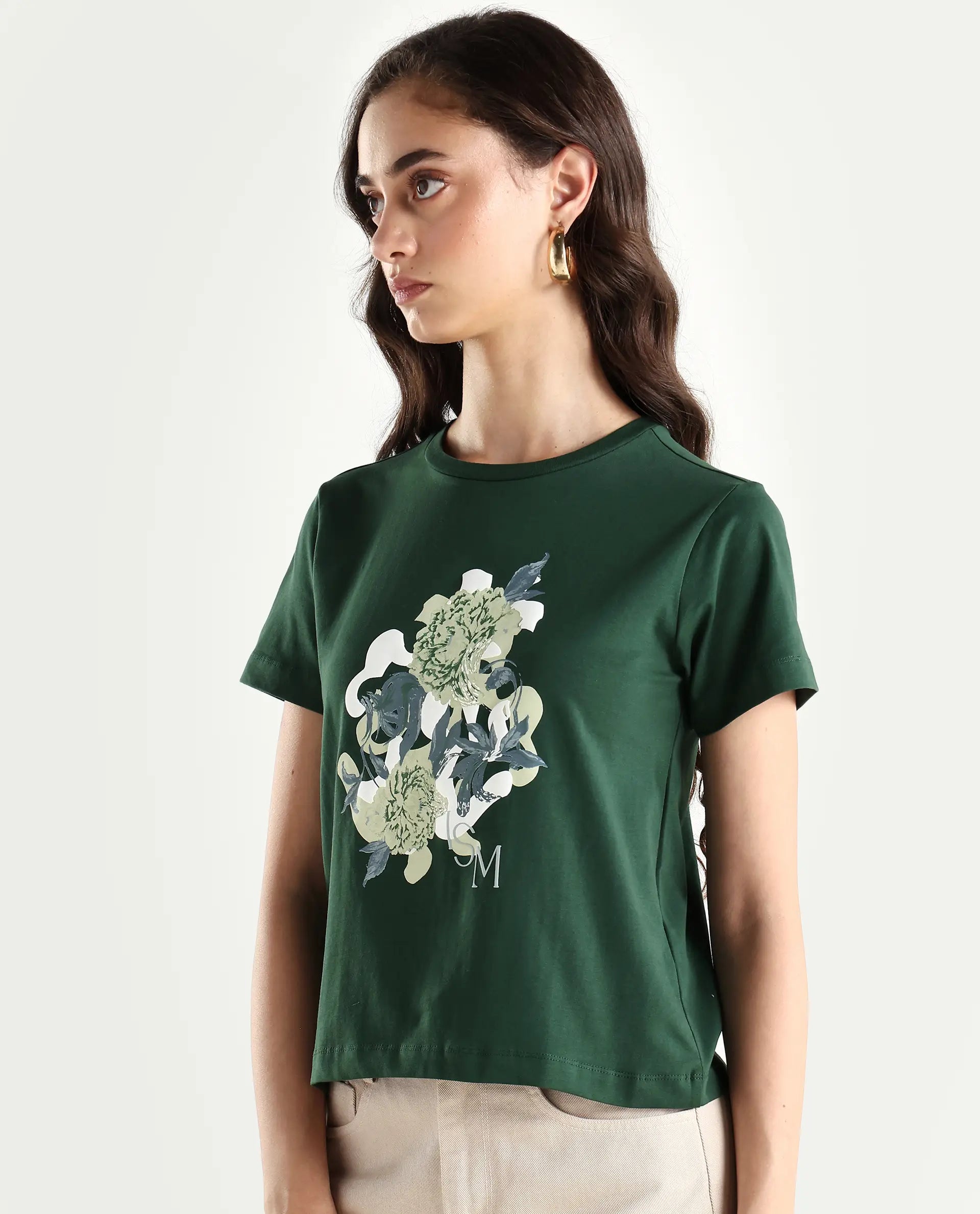 Rareism Women's Mirth Olive Cotton Blend Crew Neck Graphic Print Regular Fit T-Shirt