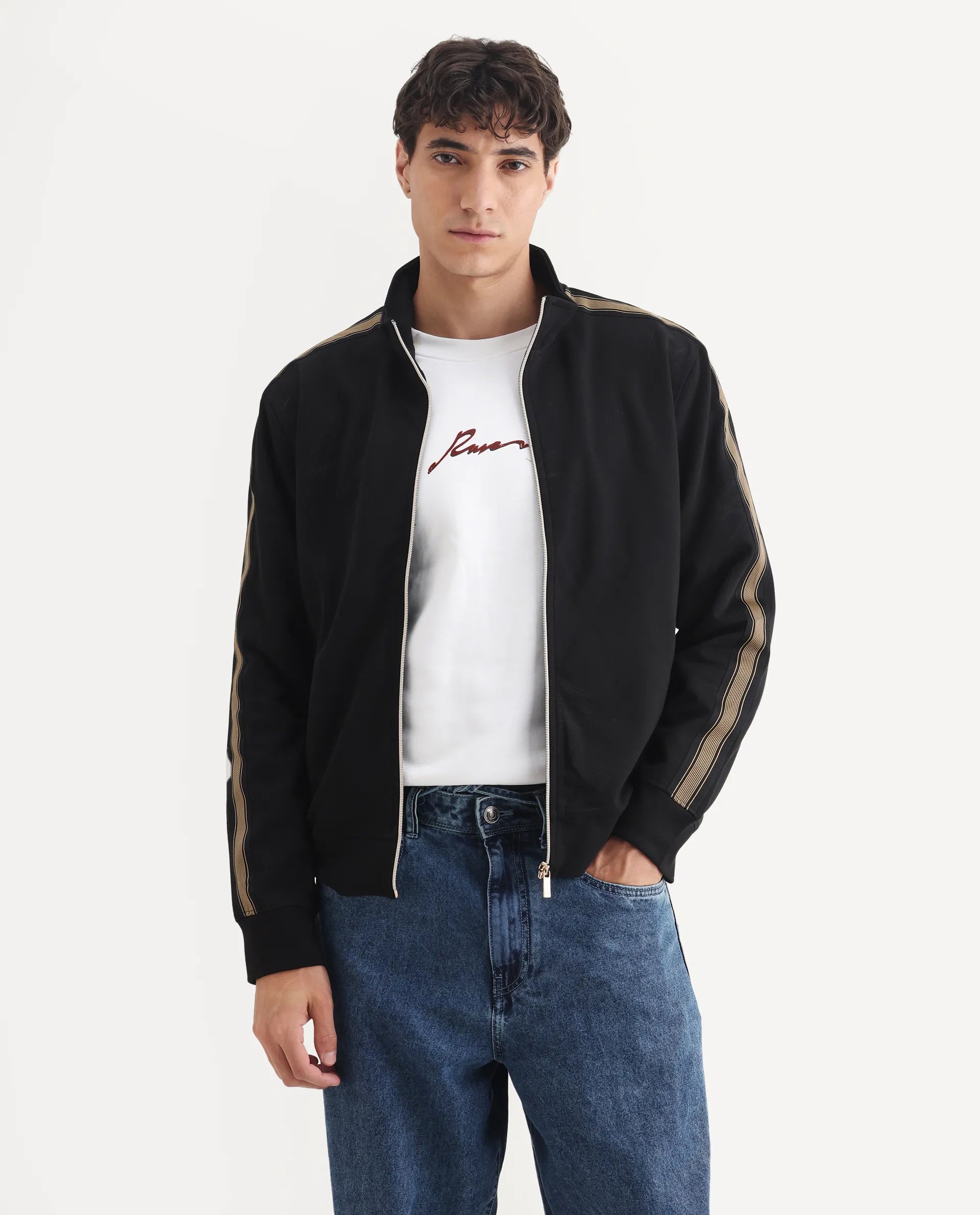 Rare Rabbit Men's Jacksign Black Cotton Blend Signature Print Regular Fit Full Sleeve High Neck Jacket