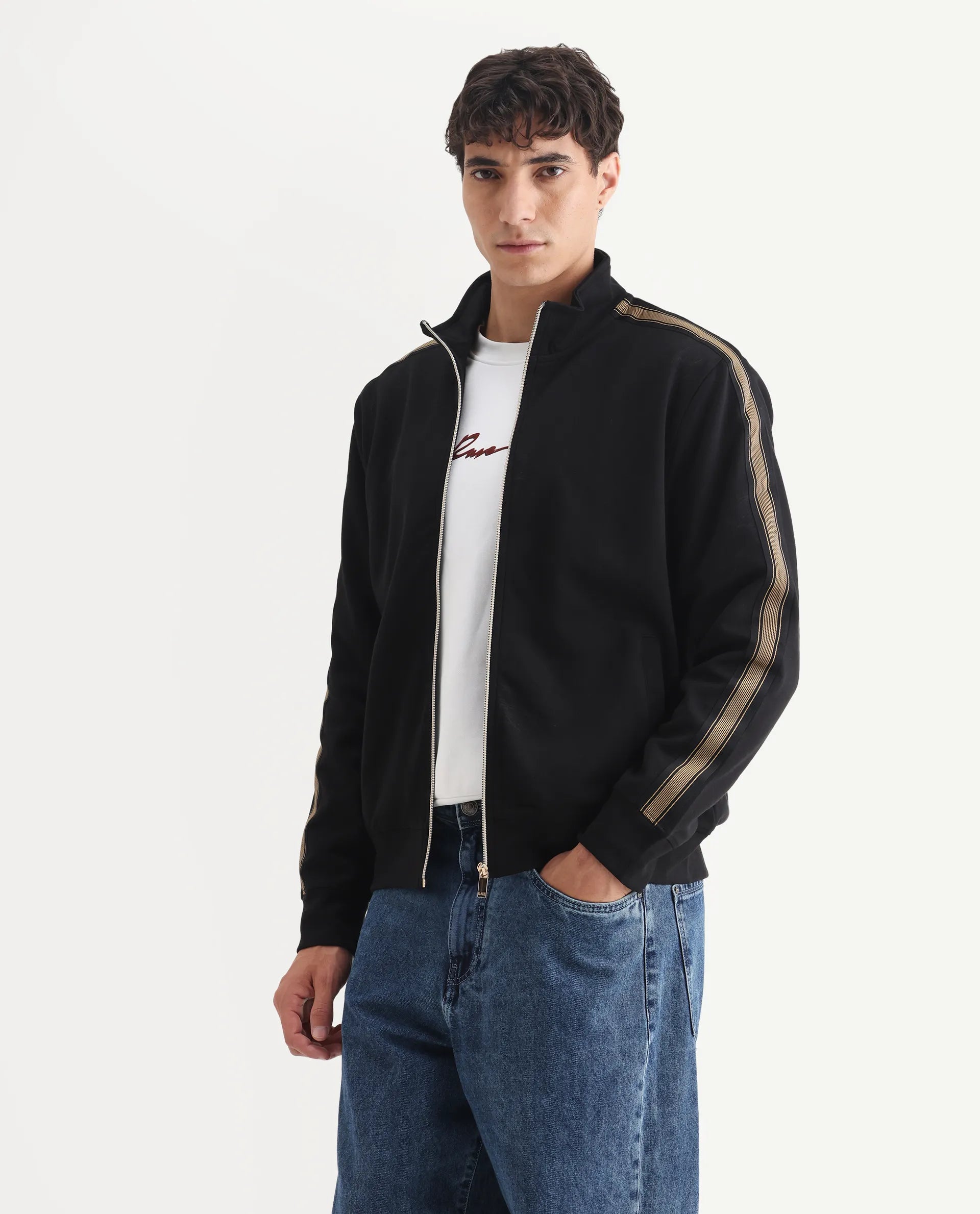 Rare Rabbit Men's Jacksign Black Cotton Blend Signature Print Regular Fit Full Sleeve High Neck Jacket