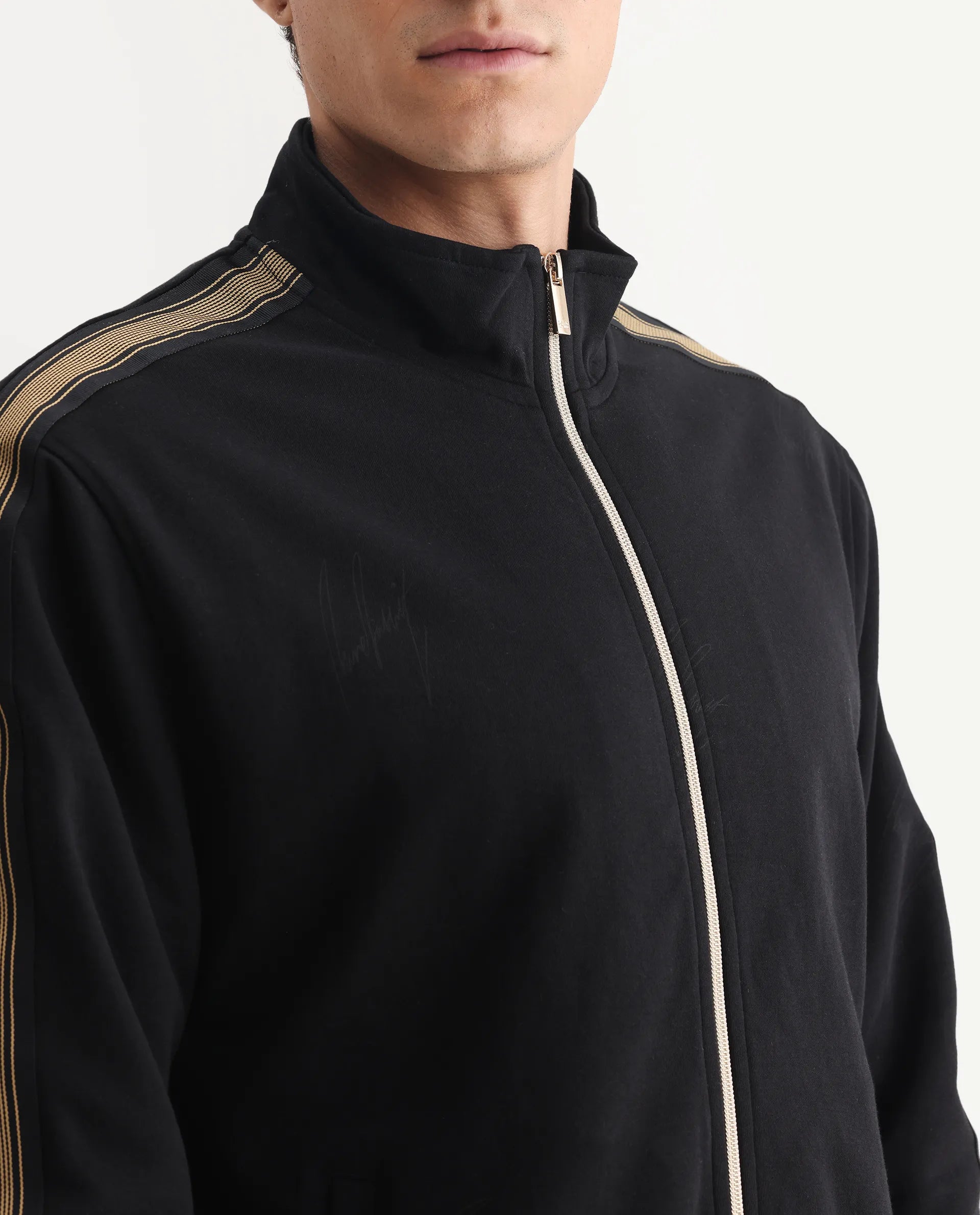 Rare Rabbit Men's Jacksign Black Cotton Blend Signature Print Regular Fit Full Sleeve High Neck Jacket