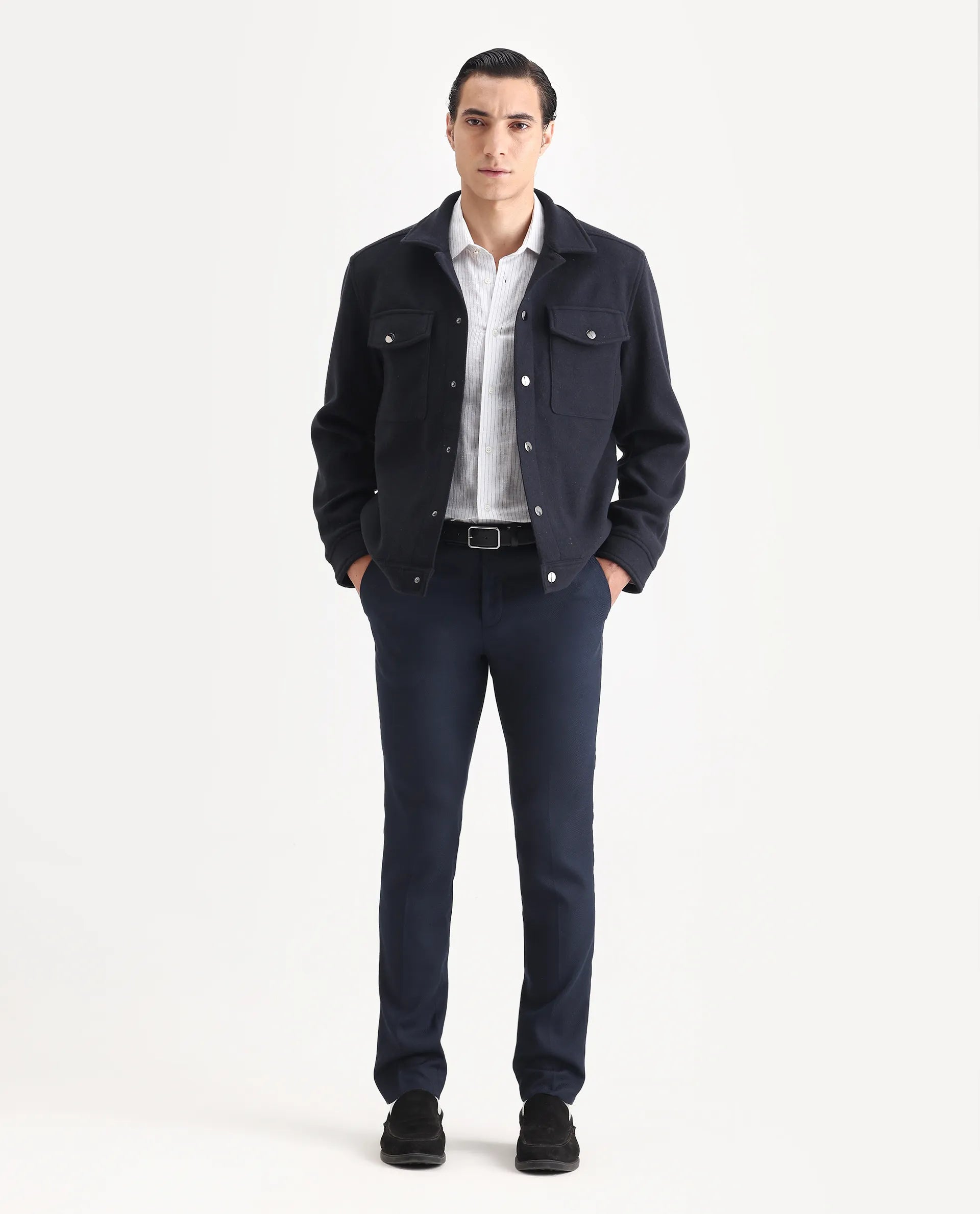 Rare Rabbit Men's Tweedo-2 Dark Navy Polyester Textured Relaxed Fit Full Sleeve Spread Collar Jacket