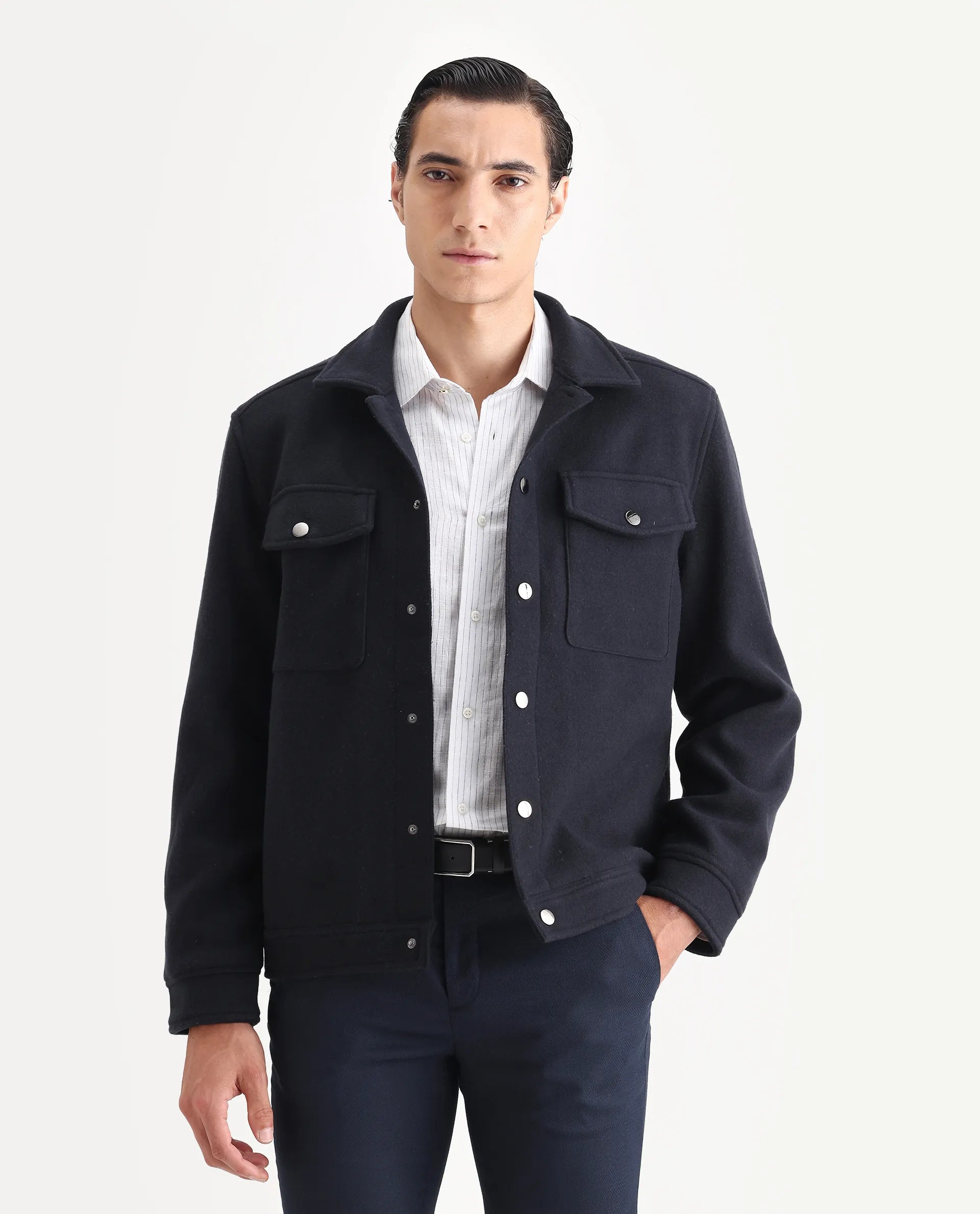 Rare Rabbit Men's Tweedo-2 Dark Navy Polyester Textured Relaxed Fit Full Sleeve Spread Collar Jacket