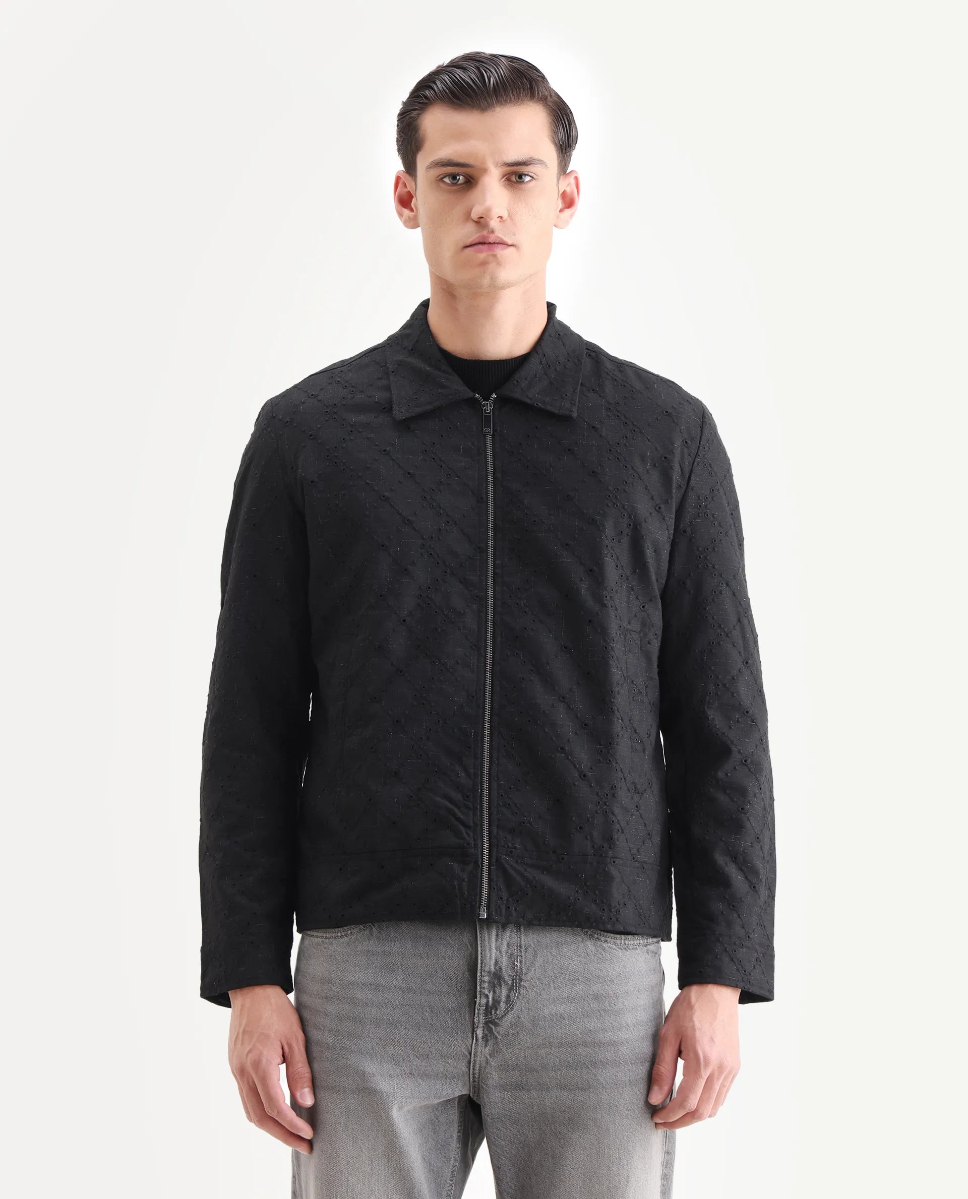 Rare Rabbit Men's Canyo Black Polyester Embroidered Relaxed Fit Full Sleeve Spread Collar Jacket