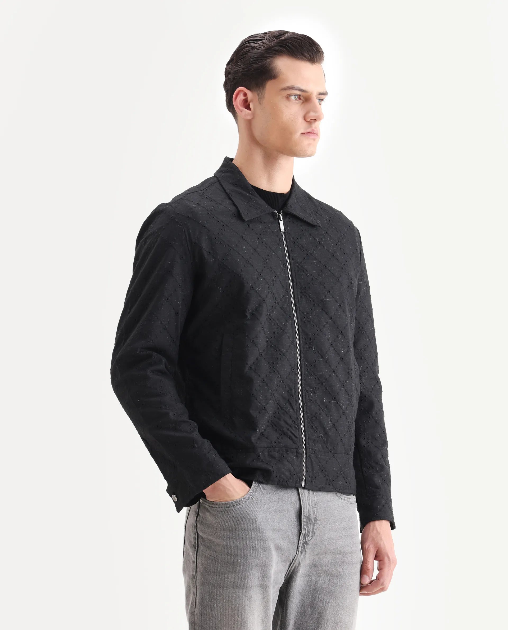 Rare Rabbit Men's Canyo Black Polyester Embroidered Relaxed Fit Full Sleeve Spread Collar Jacket