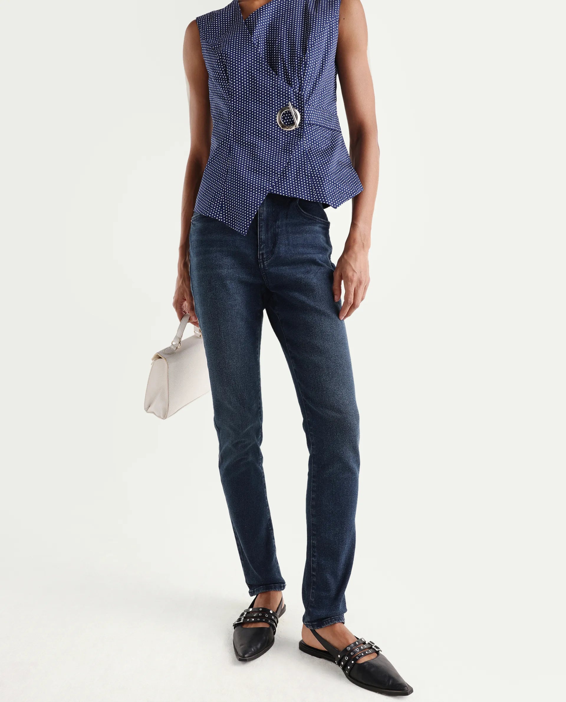 Rareism Women's Zinko Dark Blue Denim Plain Ankle Length Slim Fit Jeans