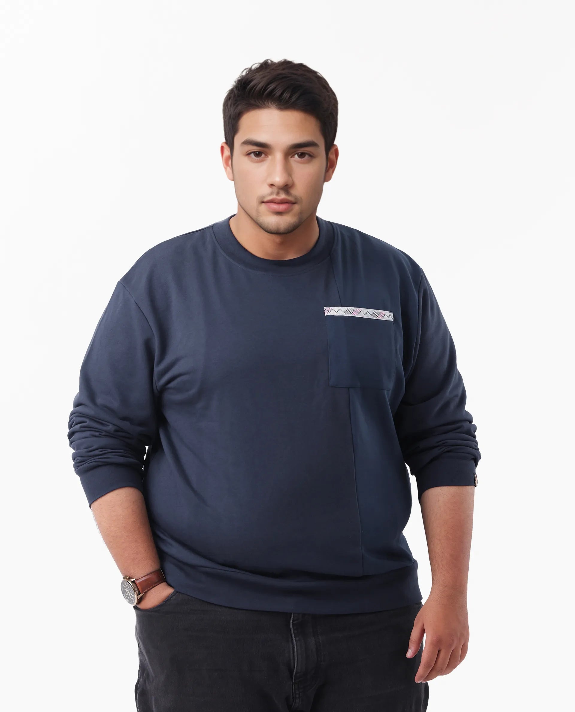 Rare Rabbit Men's Otese-L Navy Cotton Blend Cut And Sew Plus Size Full Sleeve Crew Neck Sweatshirt