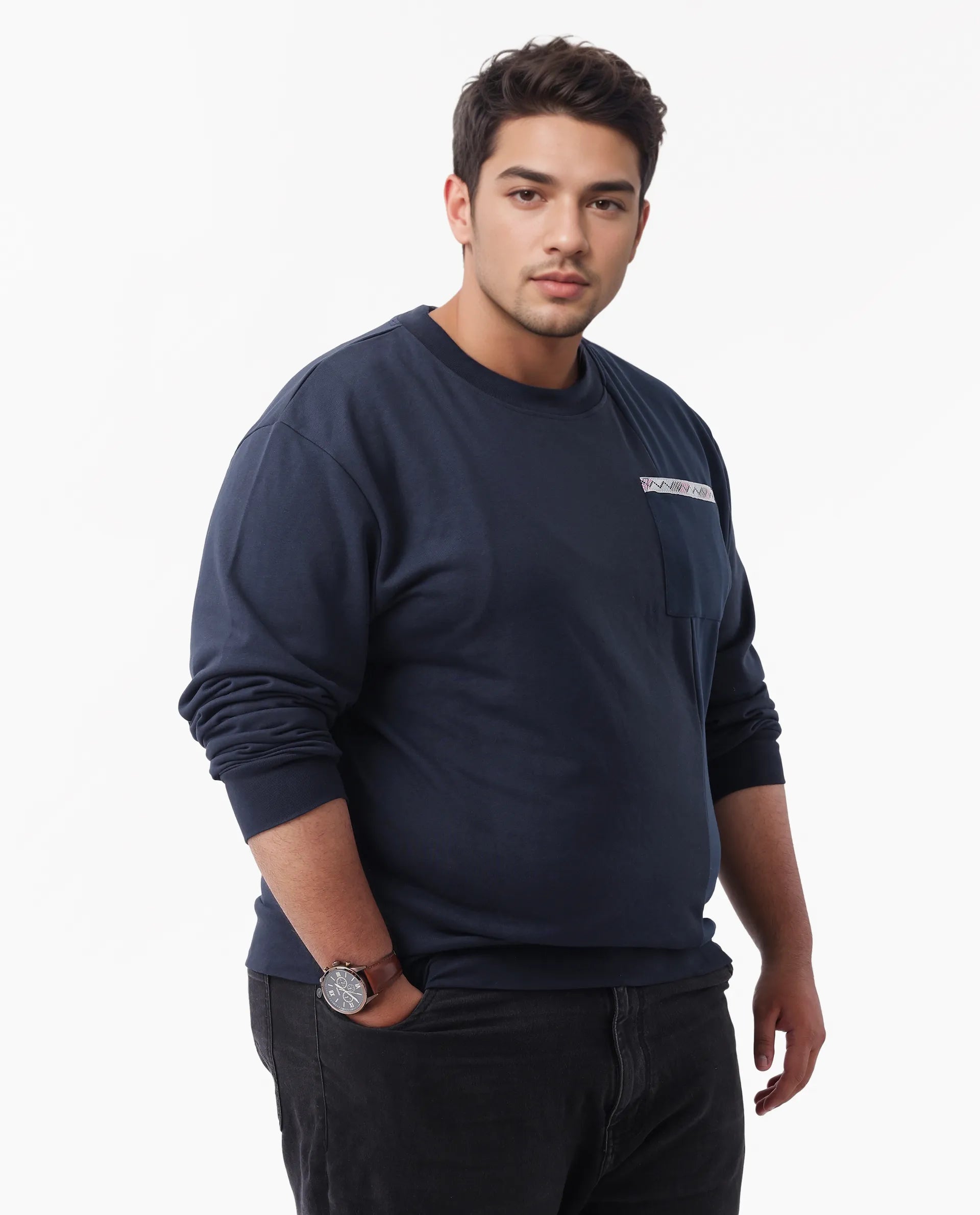 Rare Rabbit Men's Otese-L Navy Cotton Blend Cut And Sew Plus Size Full Sleeve Crew Neck Sweatshirt