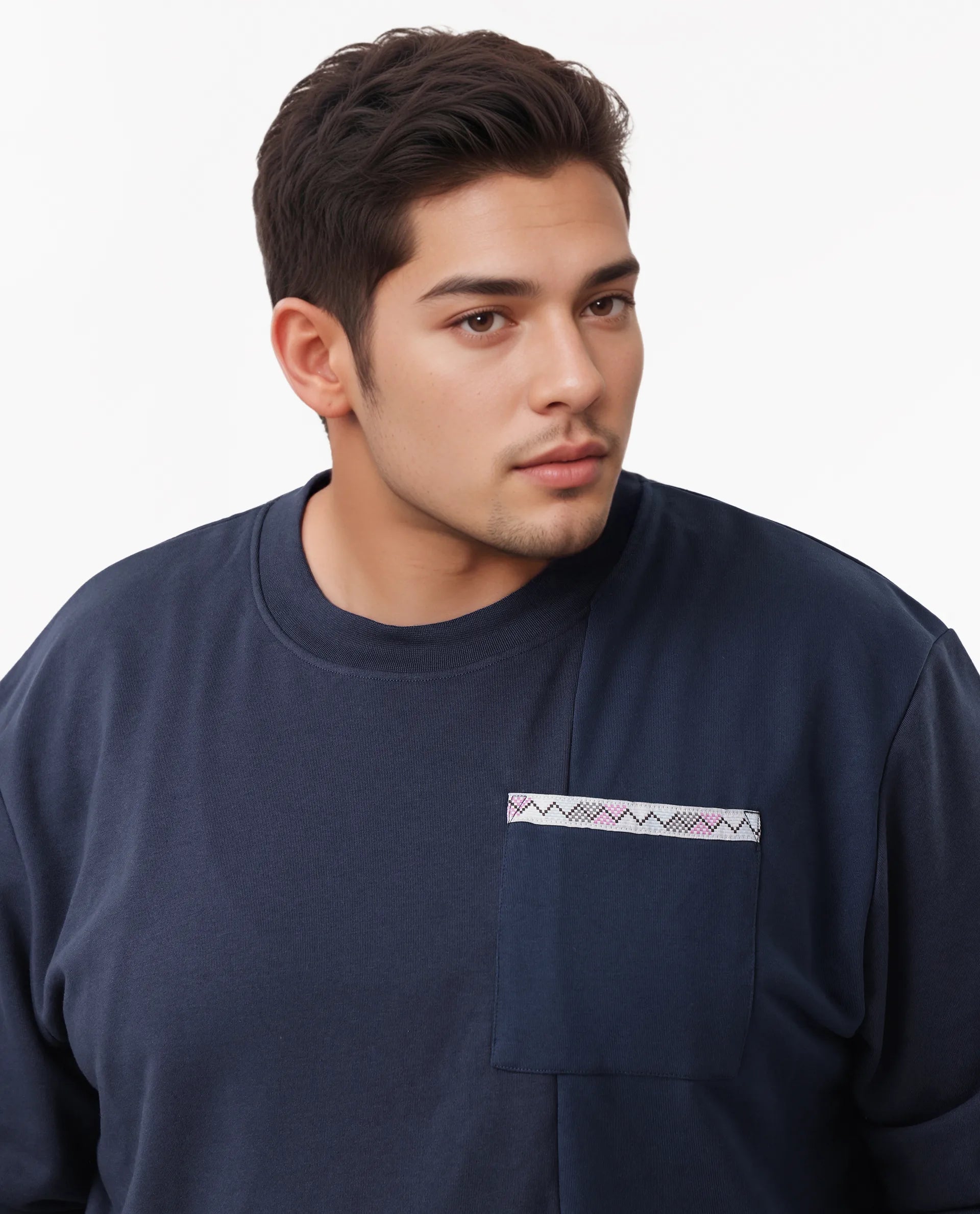 Rare Rabbit Men's Otese-L Navy Cotton Blend Cut And Sew Plus Size Full Sleeve Crew Neck Sweatshirt