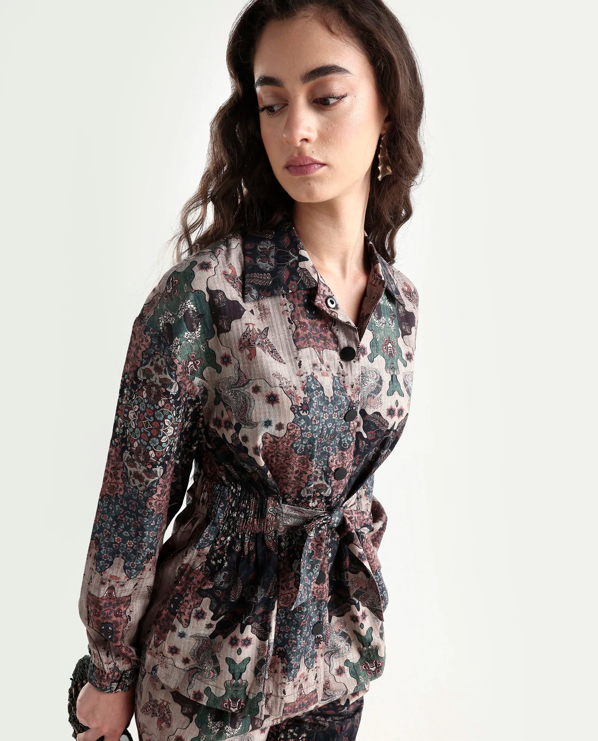 Rareism Women's Rotika Dark Multi Cotton Blend Spread Collar Abstract Print Regular Fit Jacket