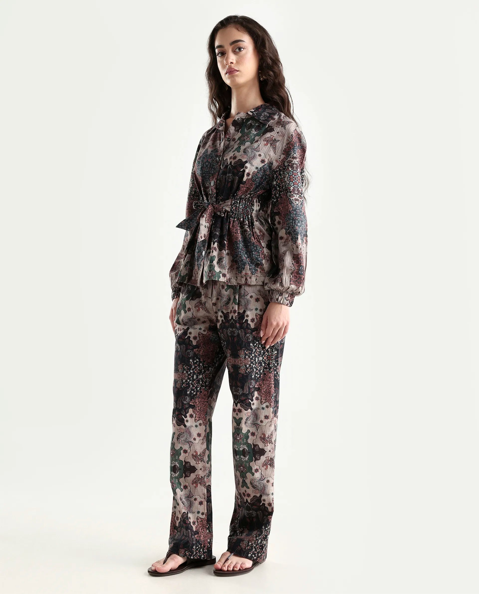 Rareism Women's Rotika B Dark Multi Cotton Blend Abstract Print Ankle Length Straight Fit Trouser