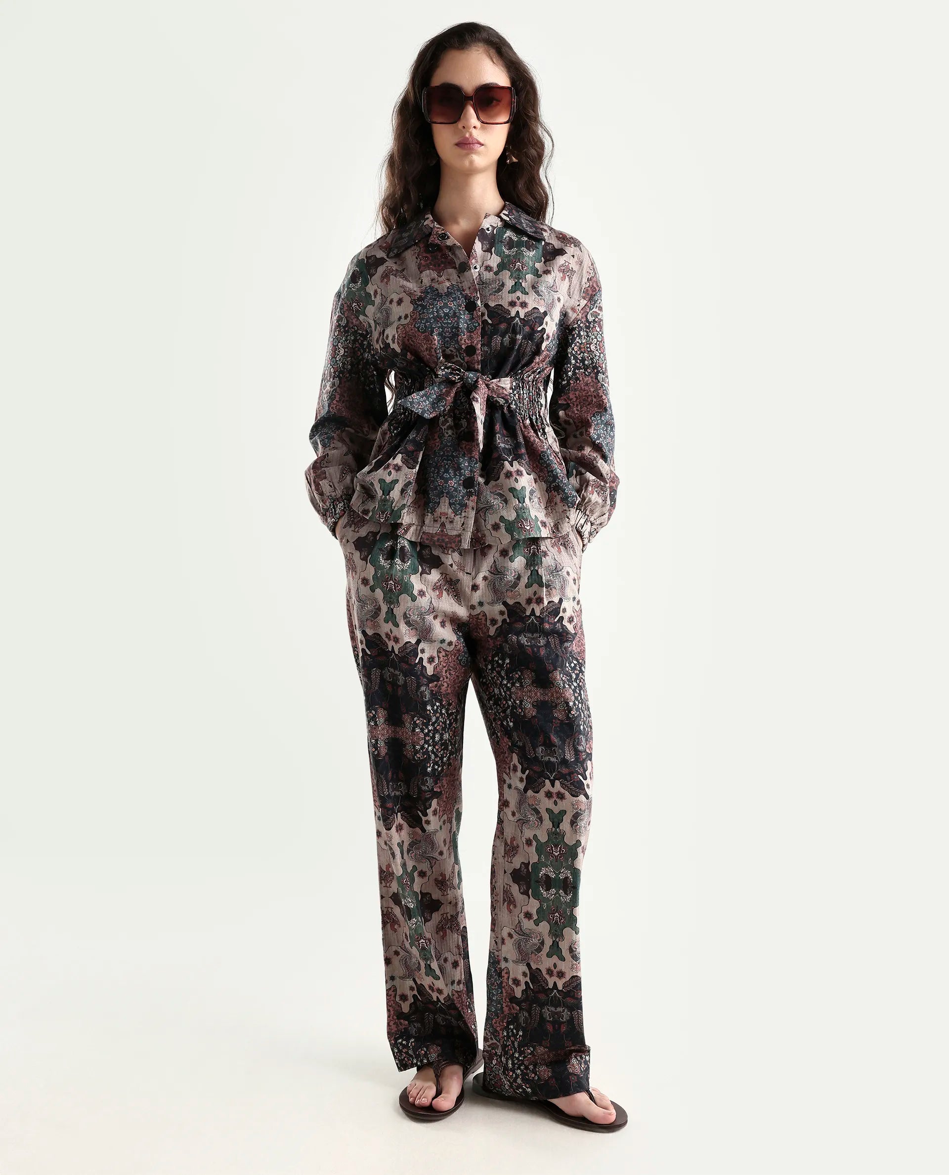 Rareism Women's Rotika B Dark Multi Cotton Blend Abstract Print Ankle Length Straight Fit Trouser