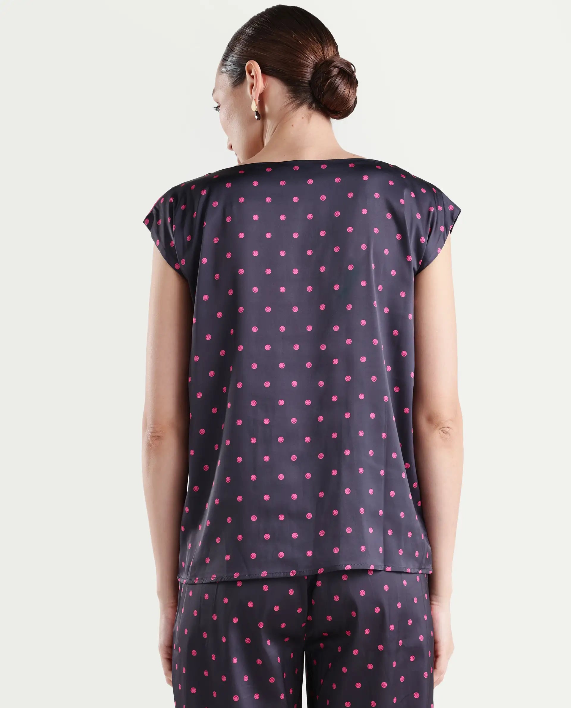 Rareism Women's Utkco Dark Grey Polyester Boat Neck Polka Print Extended Sleeves Regular Fit Top