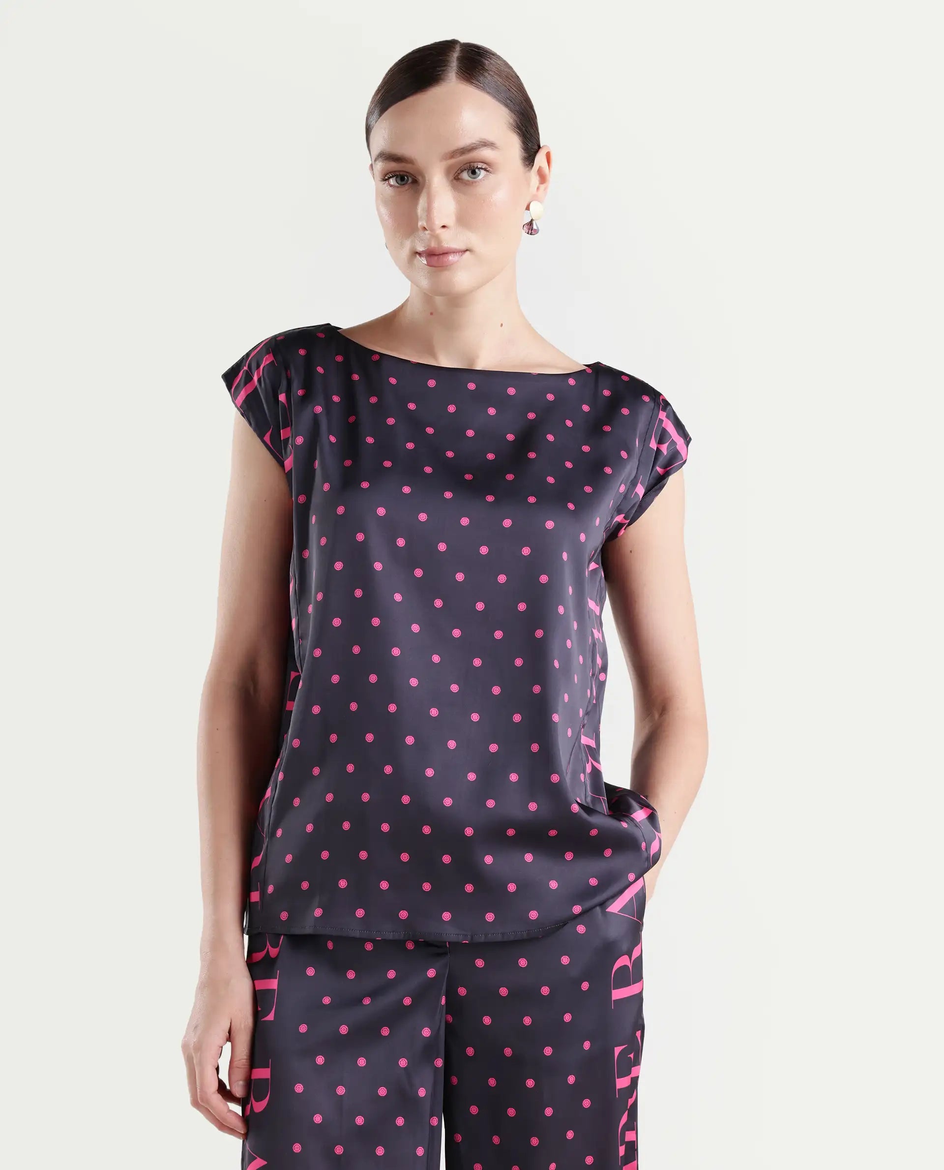 Rareism Women's Utkco Dark Grey Polyester Boat Neck Polka Print Extended Sleeves Regular Fit Top