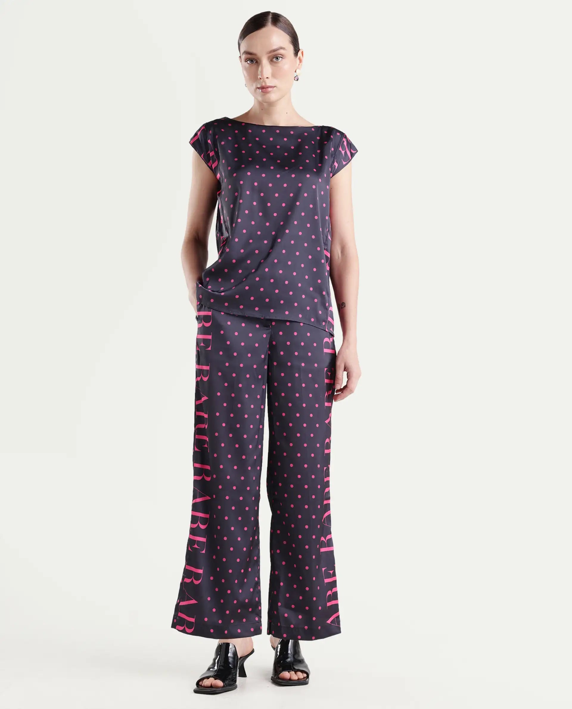 Rareism Women's Utkco B Dark Grey Polyester Polka Print Ankle Length Straight Fit Trouser
