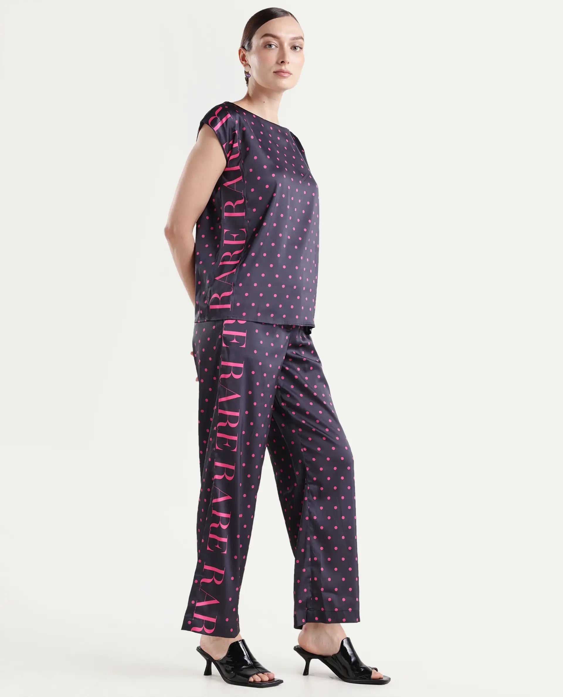 Rareism Women's Utkco B Dark Grey Polyester Polka Print Ankle Length Straight Fit Trouser