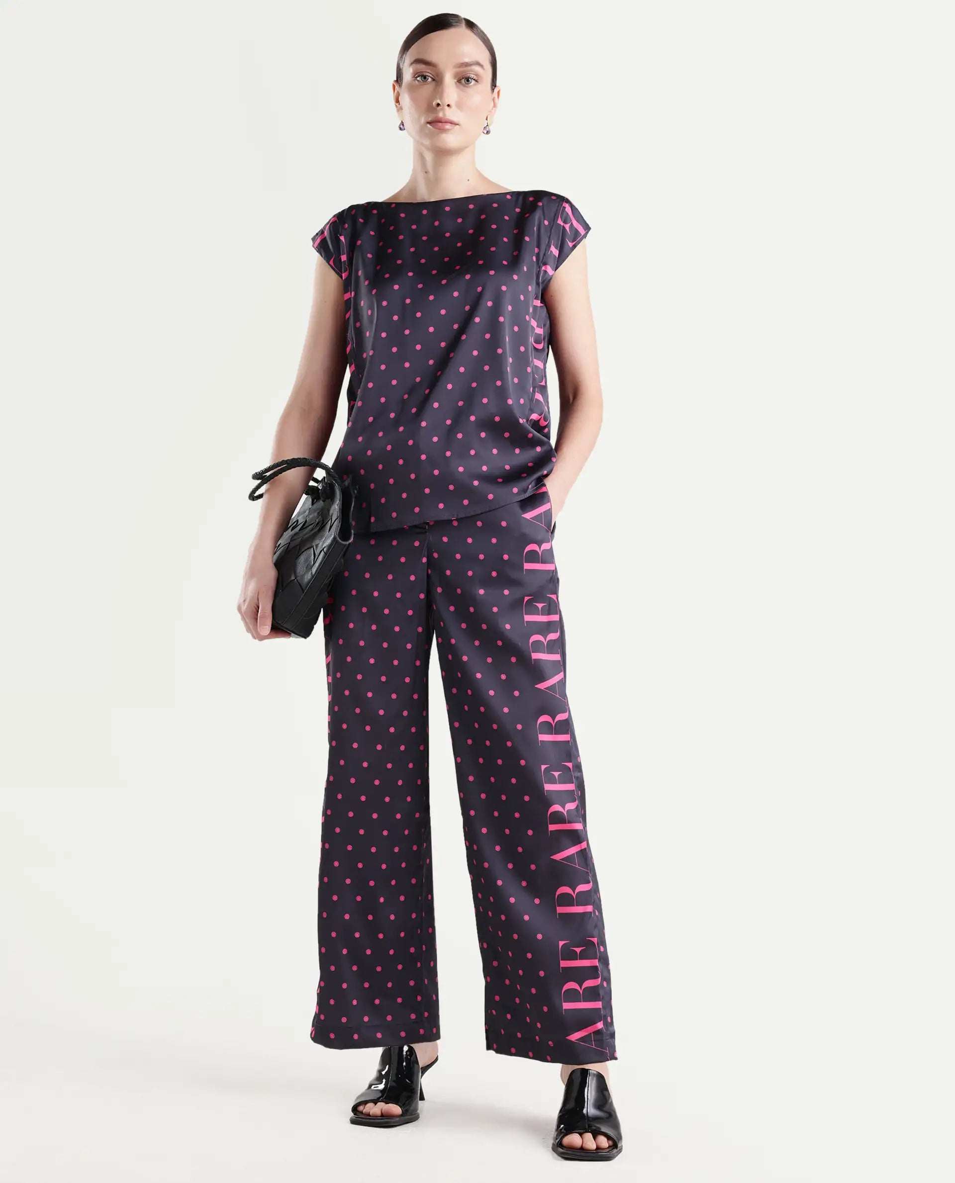 Rareism Women's Utkco B Dark Grey Polyester Polka Print Ankle Length Straight Fit Trouser