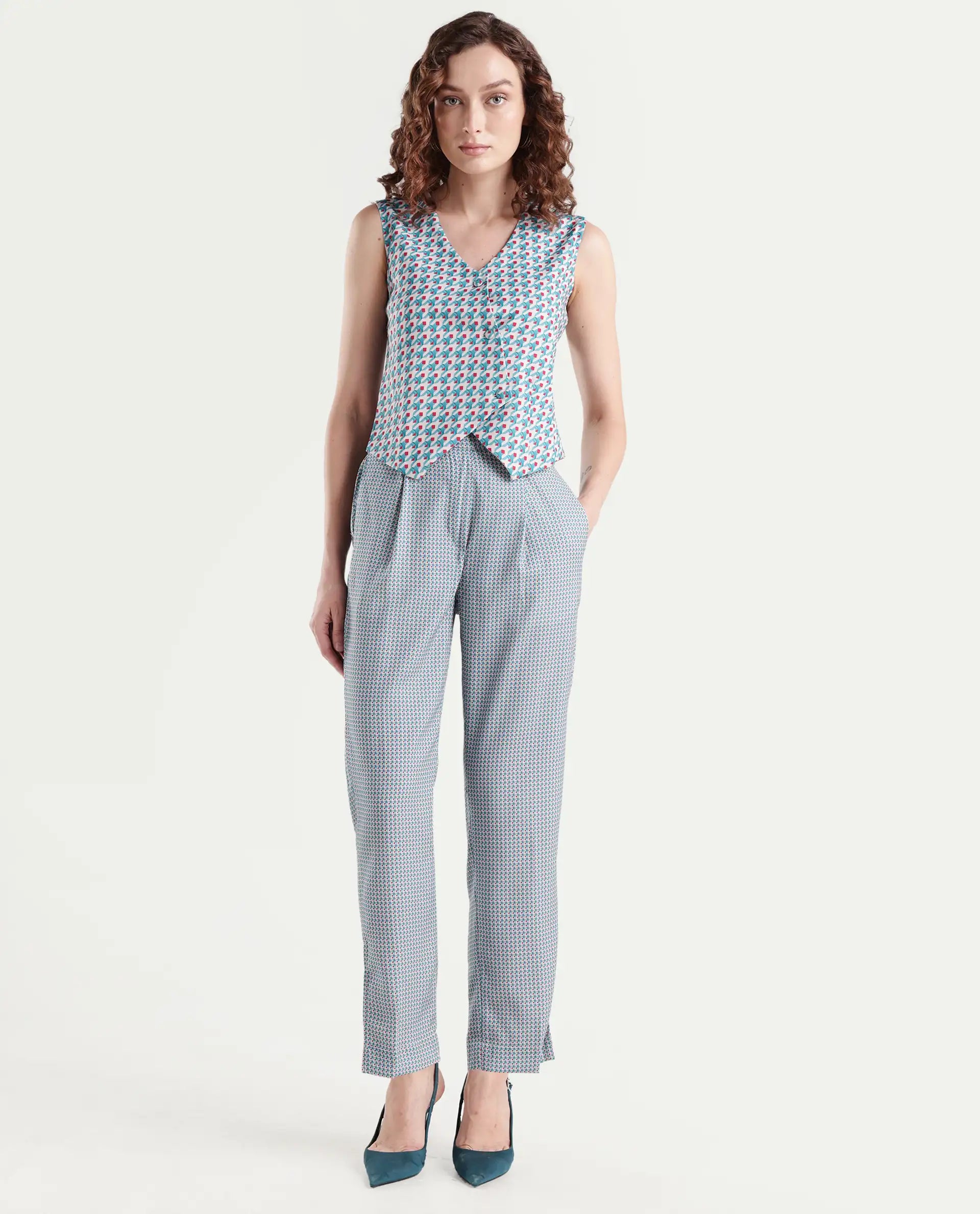 Rareism Women's Utkil B Multi Polyester Houndstooth Print Ankle Length Straight Fit Trouser