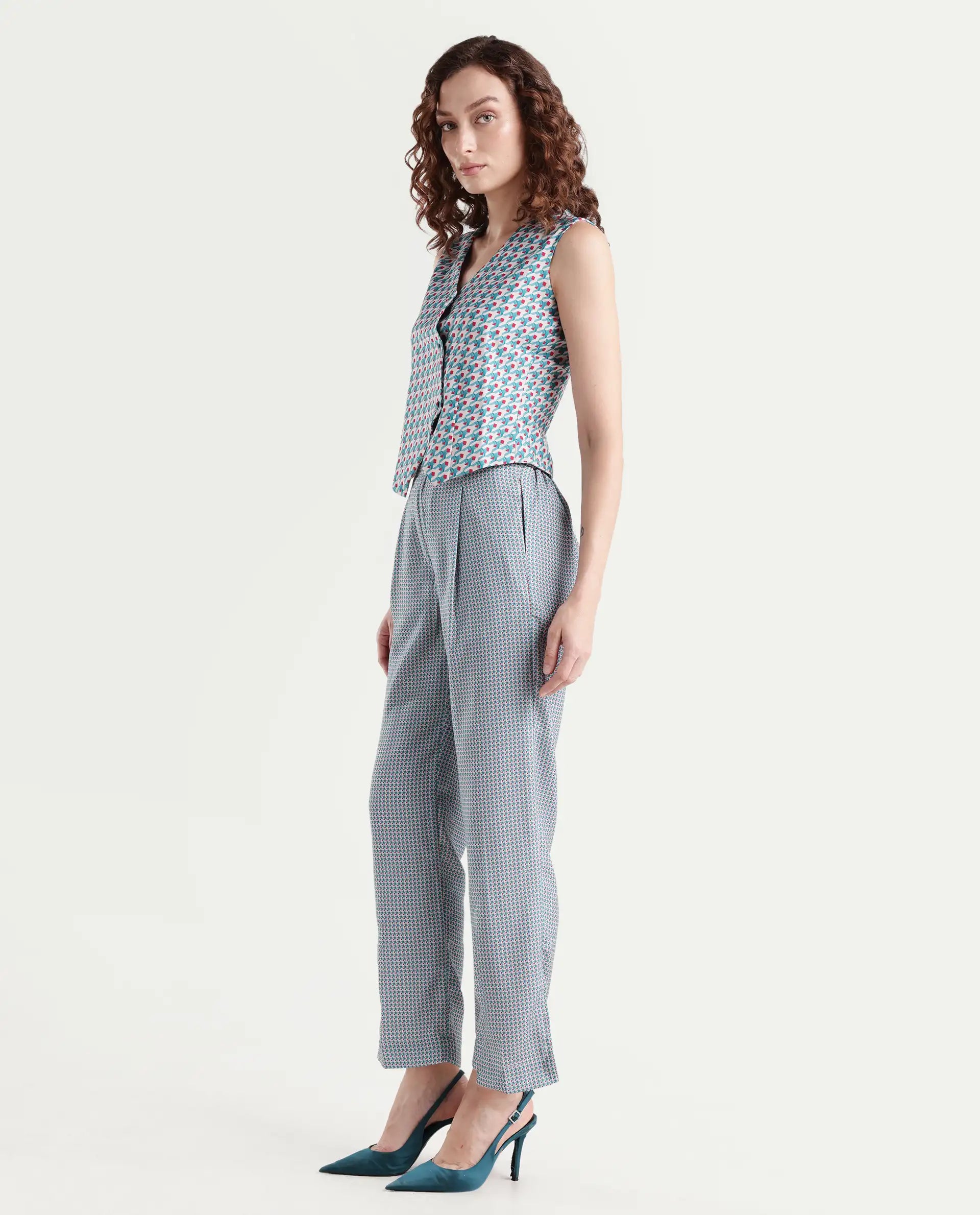 Rareism Women's Utkil B Multi Polyester Houndstooth Print Ankle Length Straight Fit Trouser