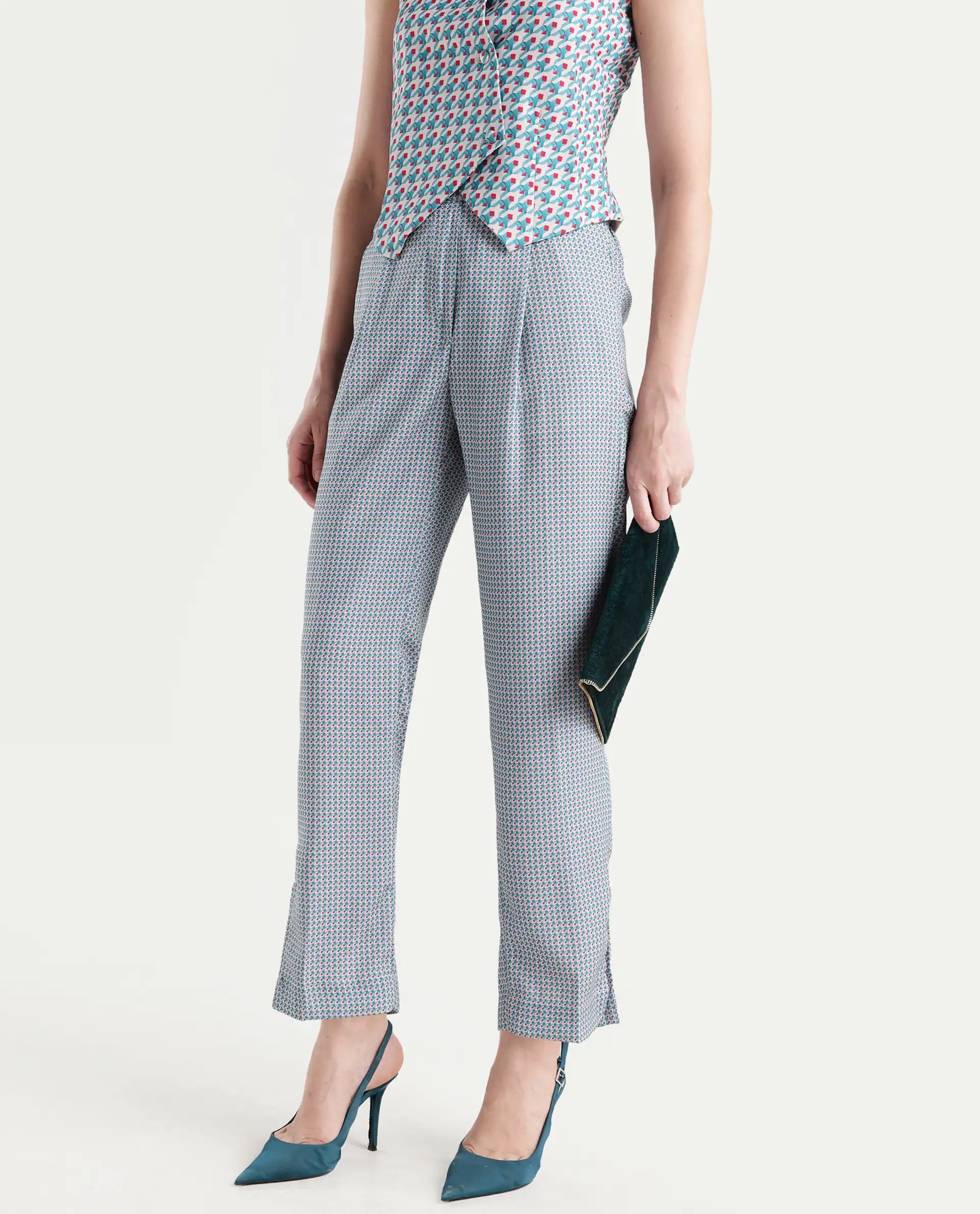 Rareism Women's Utkil B Multi Polyester Houndstooth Print Ankle Length Straight Fit Trouser
