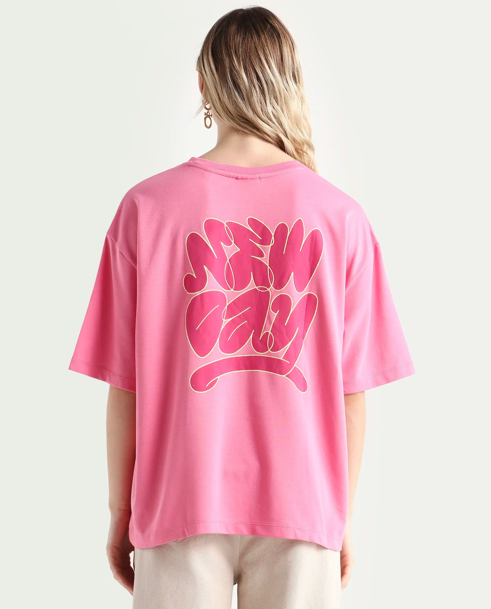 Rareism Women's Zines Pink Cotton Blend Crew Neck Graphic Print Oversized T-Shirt Oversize