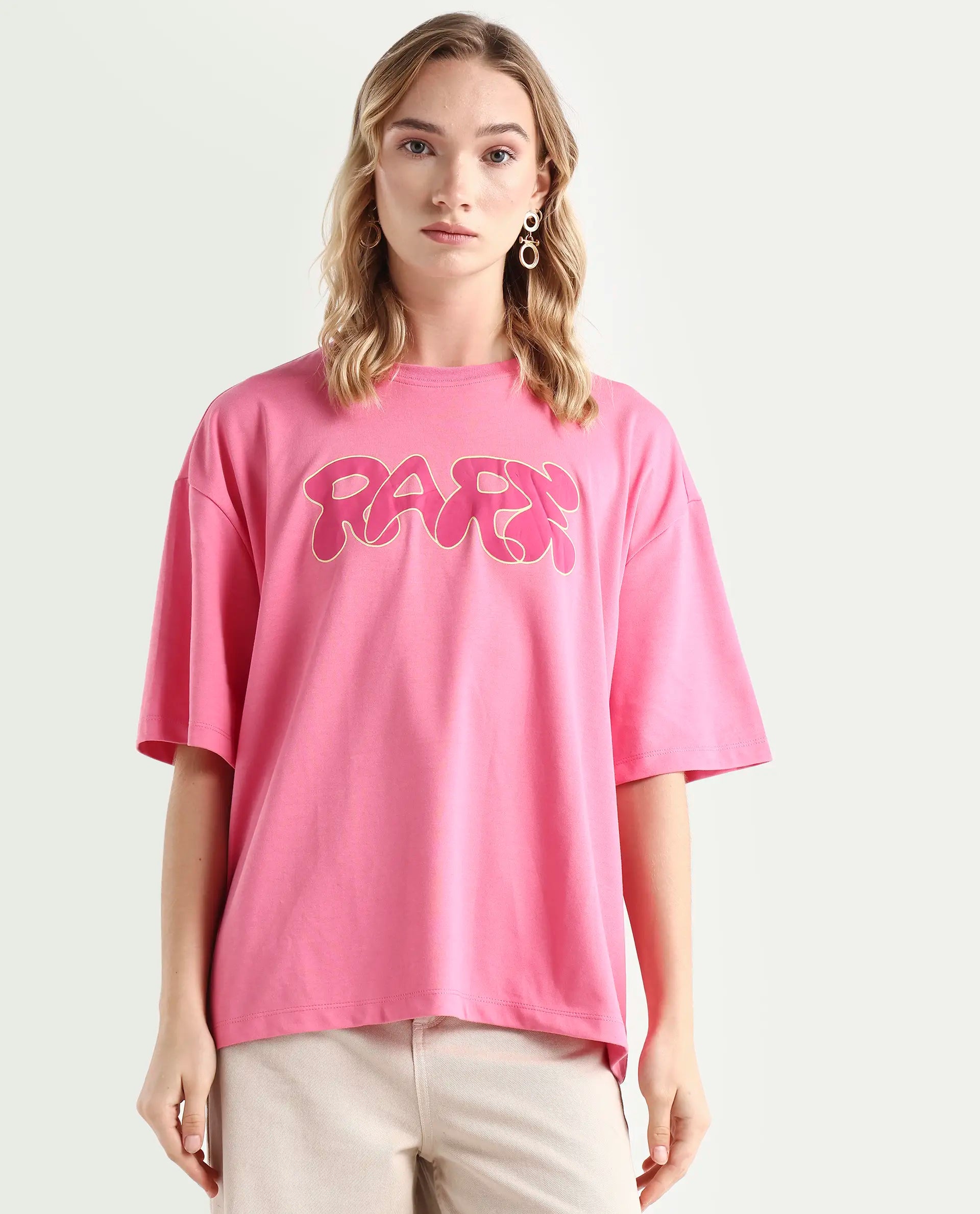Rareism Women's Zines Pink Cotton Blend Crew Neck Graphic Print Oversized T-Shirt Oversize