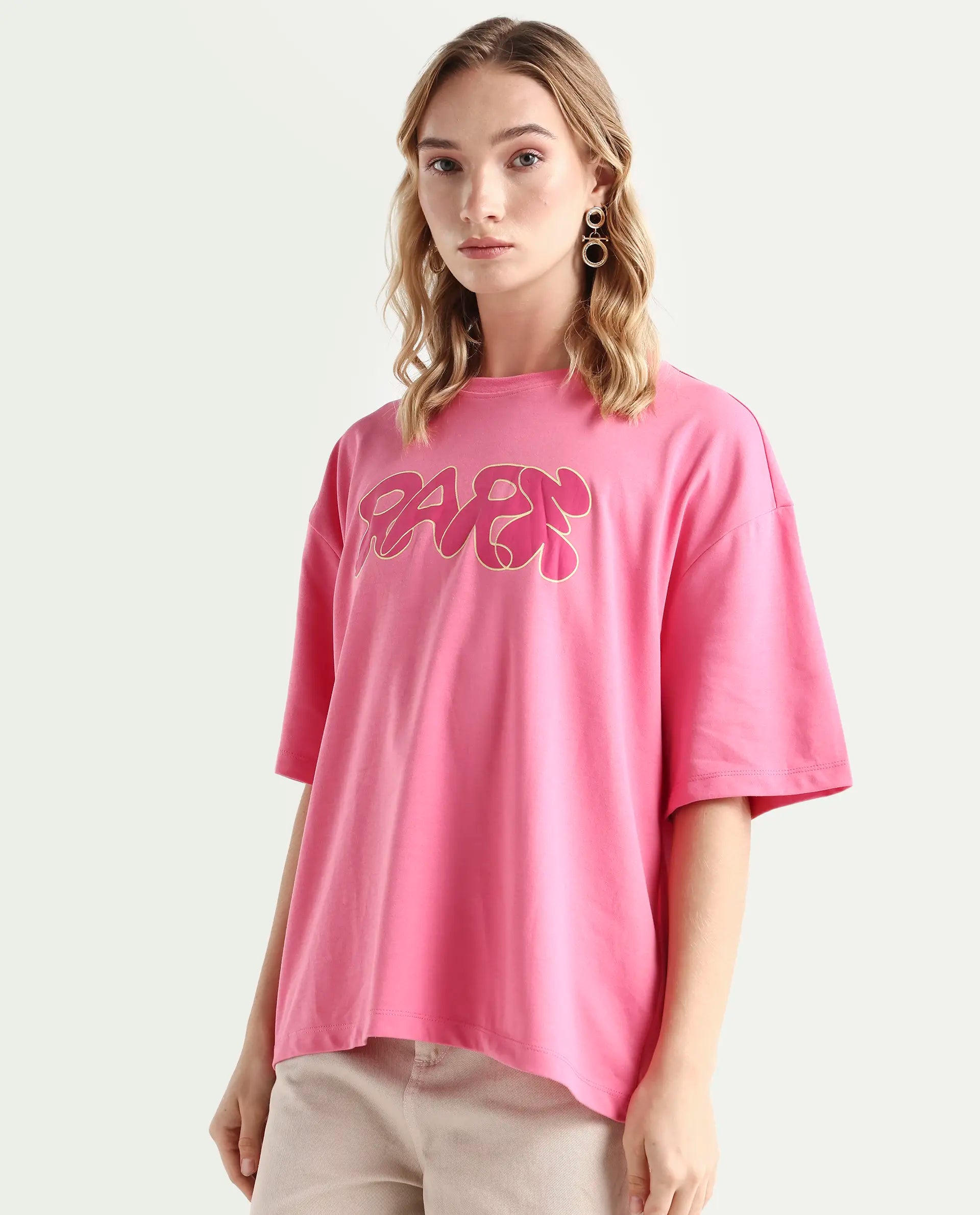 Rareism Women's Zines Pink Cotton Blend Crew Neck Graphic Print Oversized T-Shirt Oversize