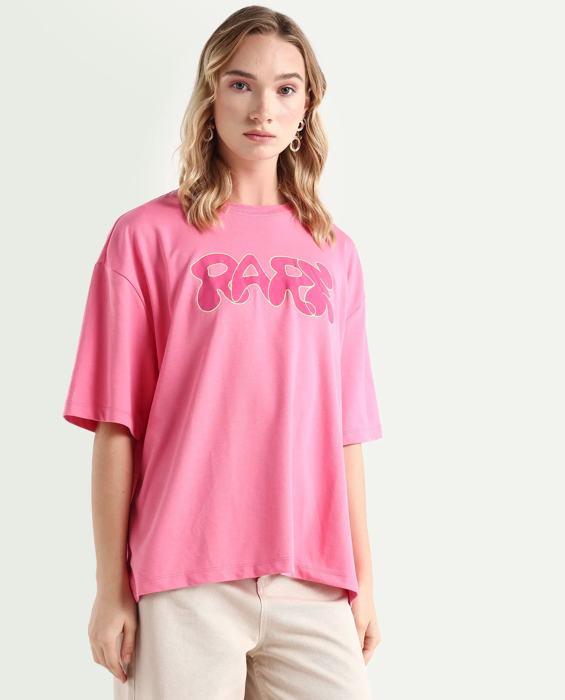 Rareism Women's Zines Pink Cotton Blend Crew Neck Graphic Print Oversized T-Shirt Oversize