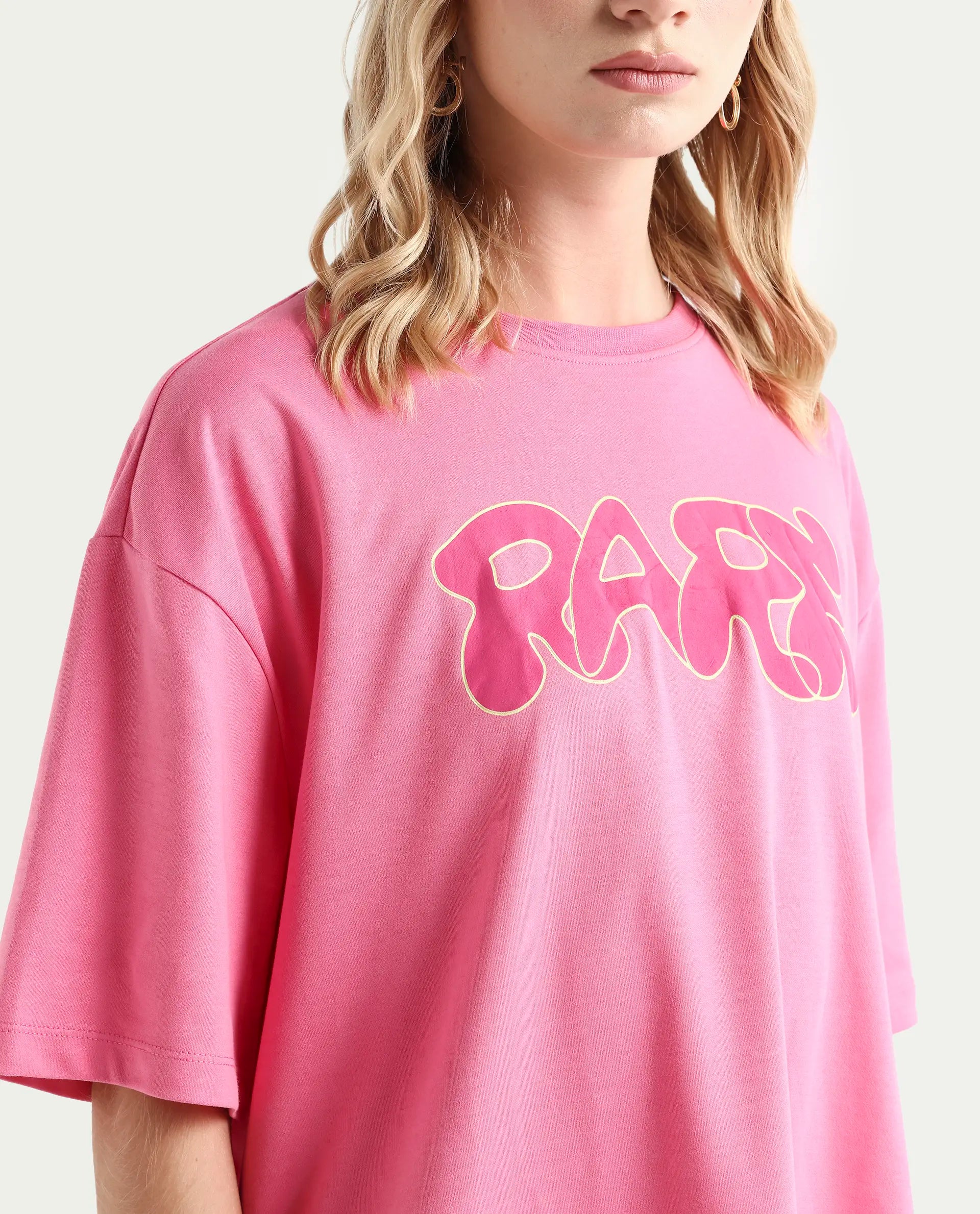 Rareism Women's Zines Pink Cotton Blend Crew Neck Graphic Print Oversized T-Shirt Oversize