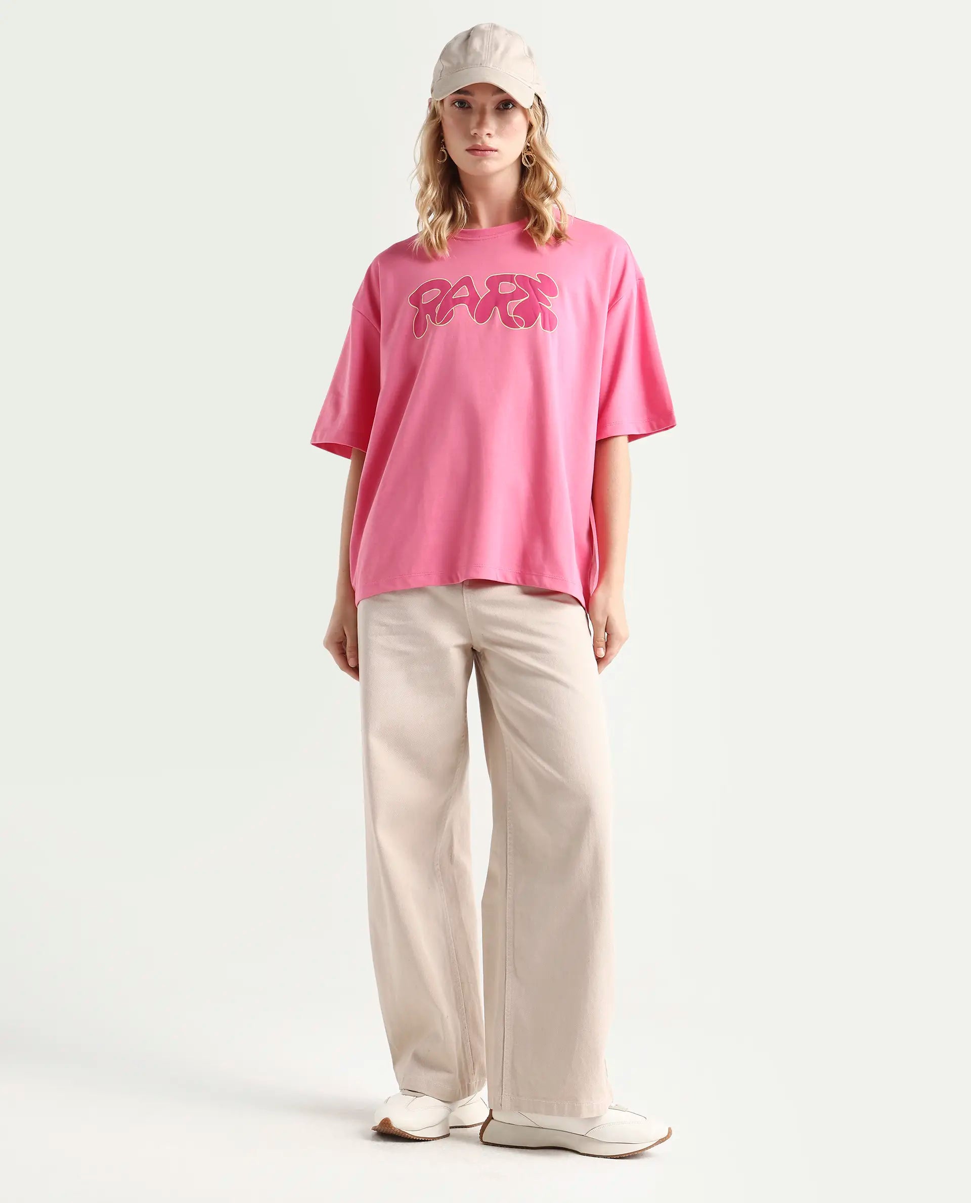 Rareism Women's Zines Pink Cotton Blend Crew Neck Graphic Print Oversized T-Shirt Oversize
