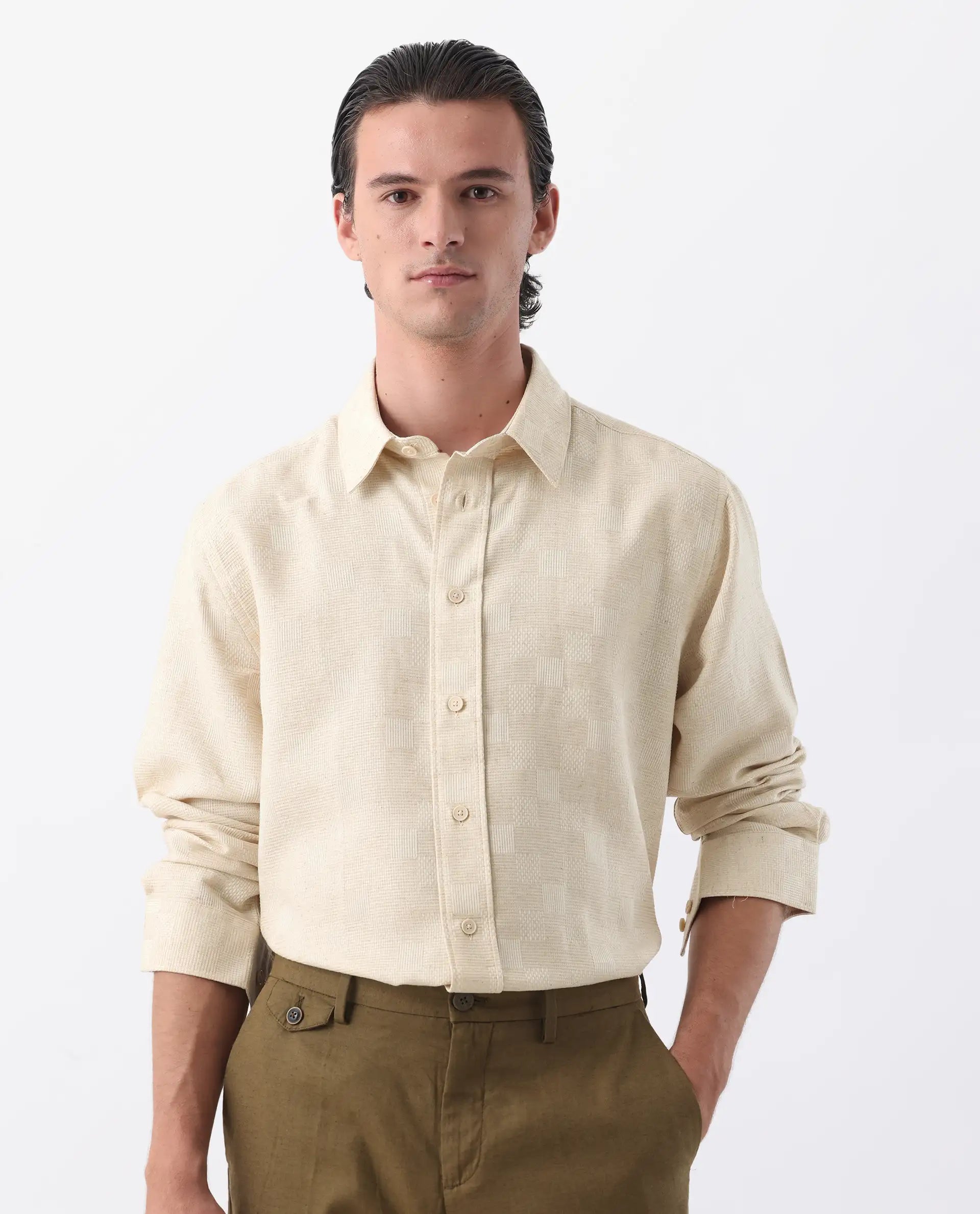 Rare Rabbit Men's Dob Beige Linen Blend Checked Print Regular Fit Full Sleeve Collared Shirt