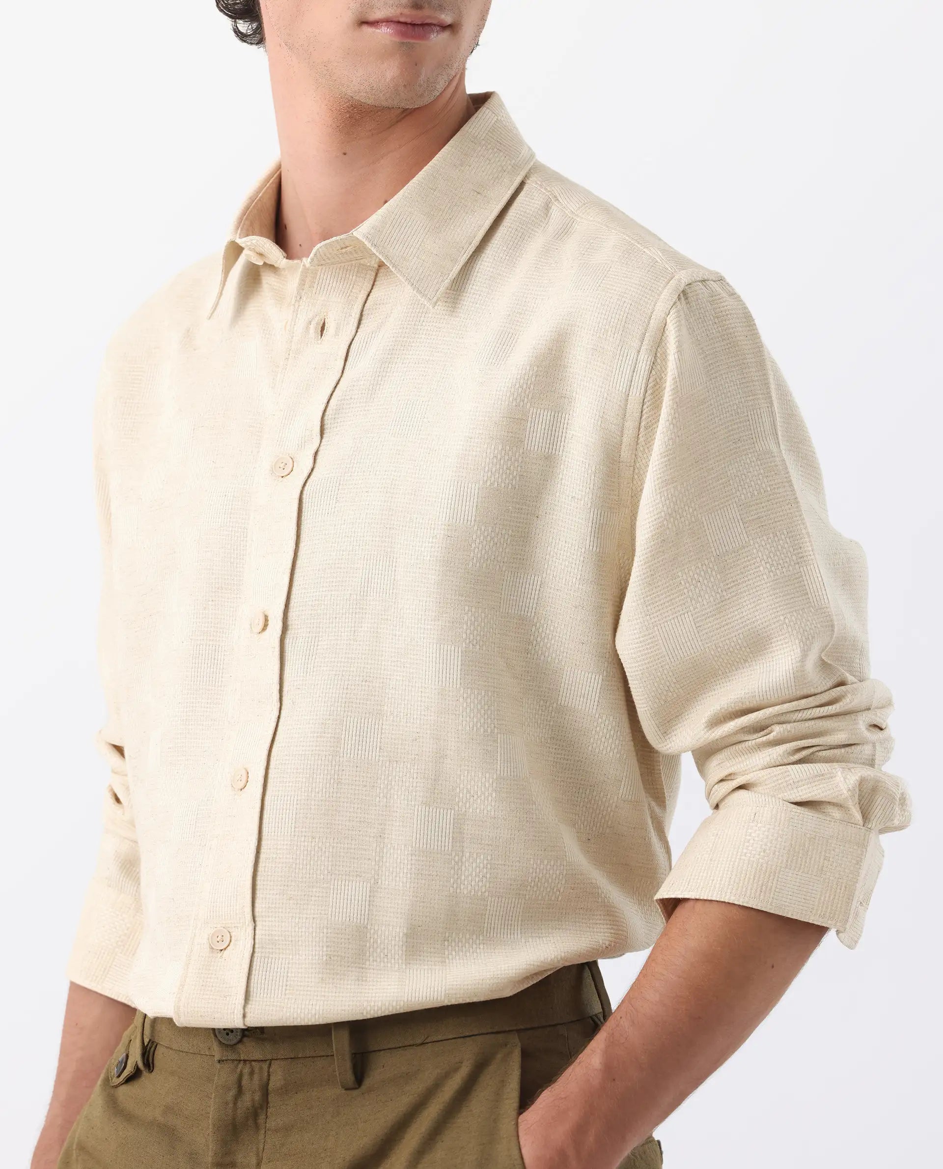 Rare Rabbit Men's Dob Beige Linen Blend Checked Print Regular Fit Full Sleeve Collared Shirt