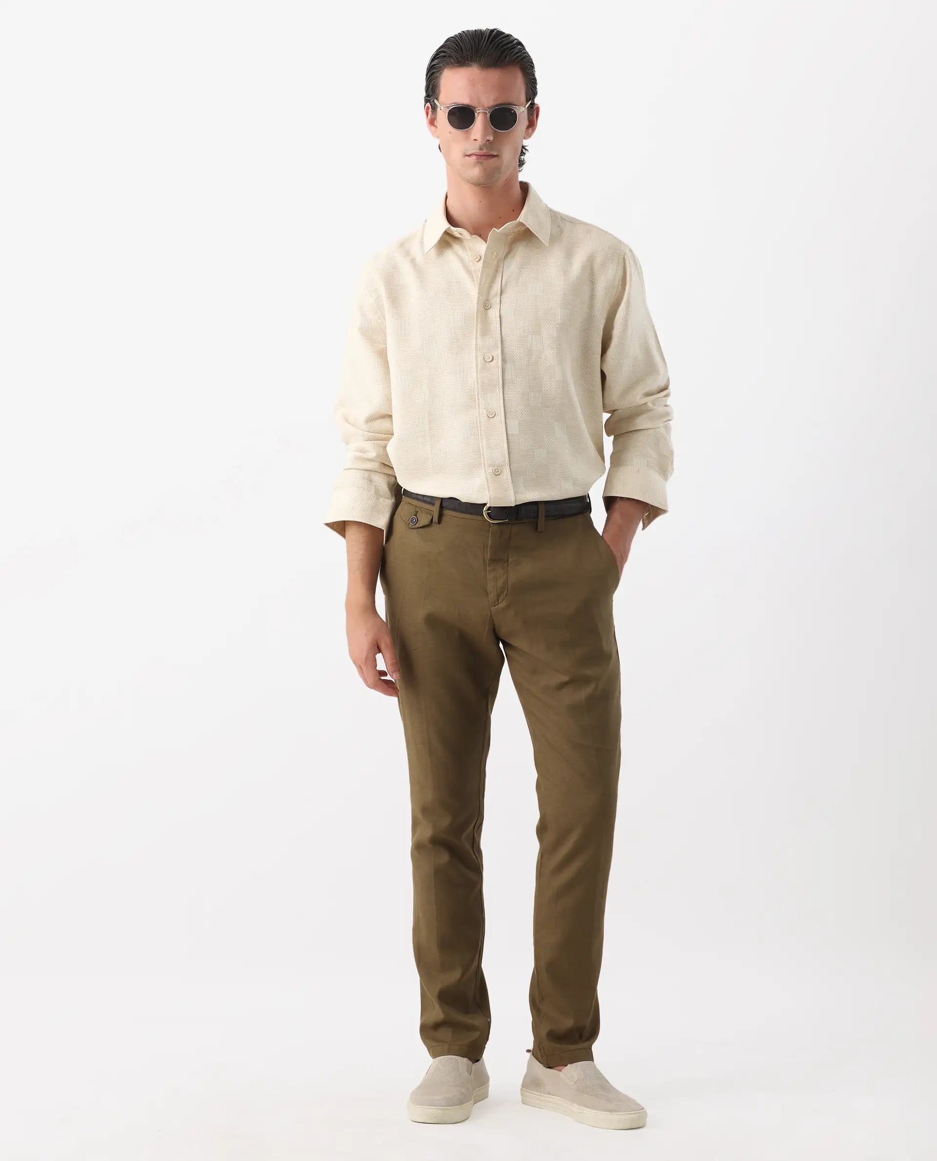 Rare Rabbit Men's Dob Beige Linen Blend Checked Print Regular Fit Full Sleeve Collared Shirt