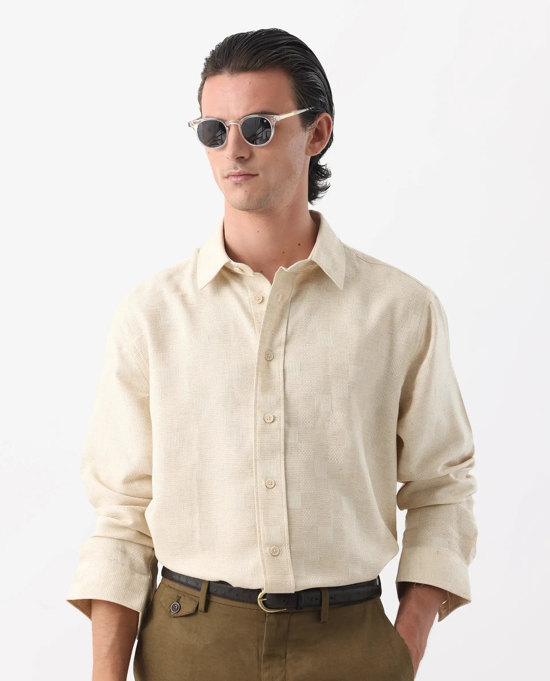 Rare Rabbit Men's Dob Beige Linen Blend Checked Print Regular Fit Full Sleeve Collared Shirt