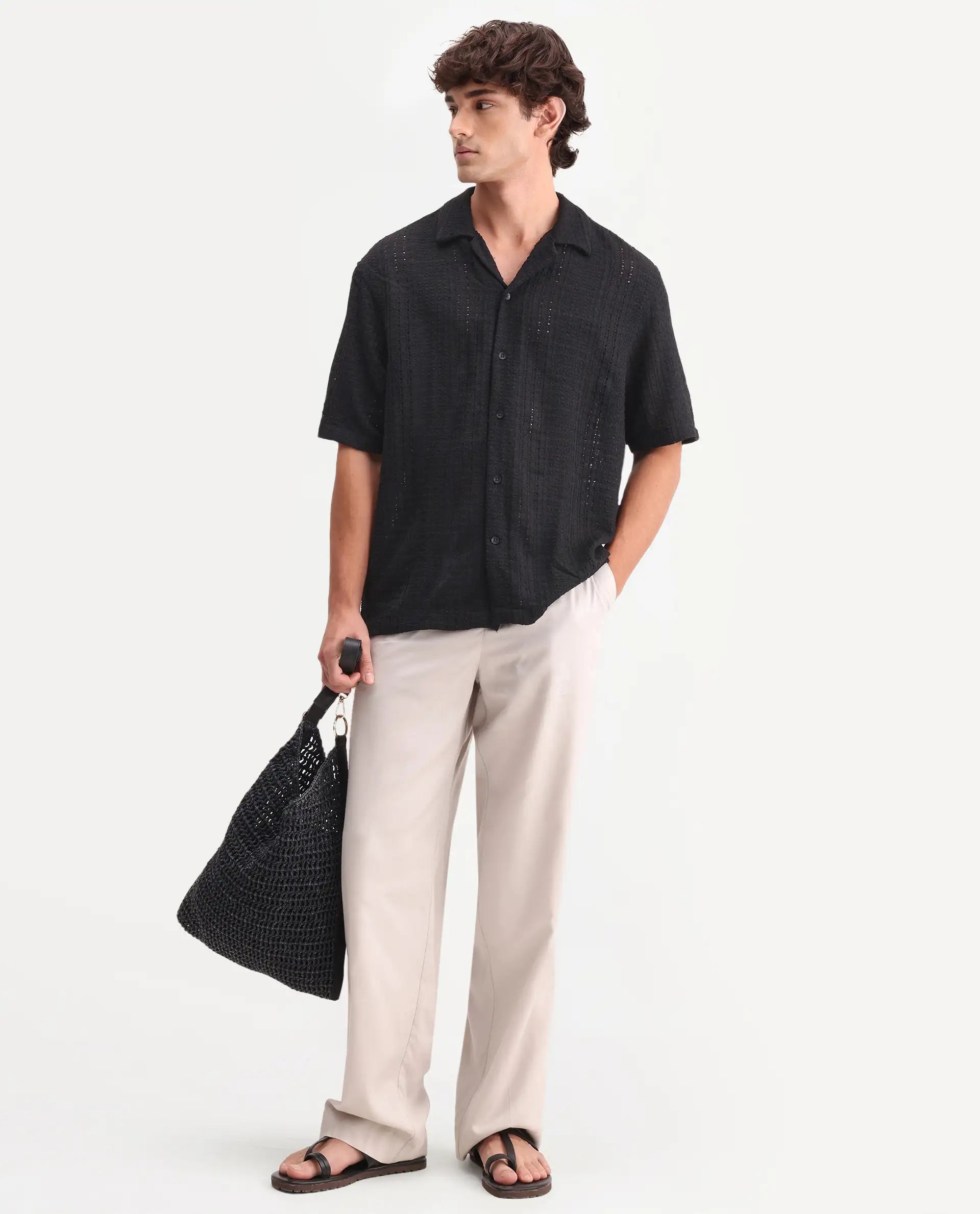 Rare Rabbit Men's Limo Black Cotton Embroidered Regular Fit Full Sleeve Collared Shirt
